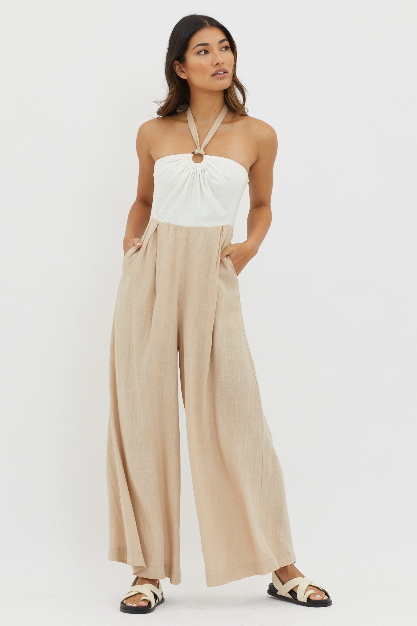 Maryn Wide Leg Halterneck Jumpsuit Beige by Selfie Leslie Australia