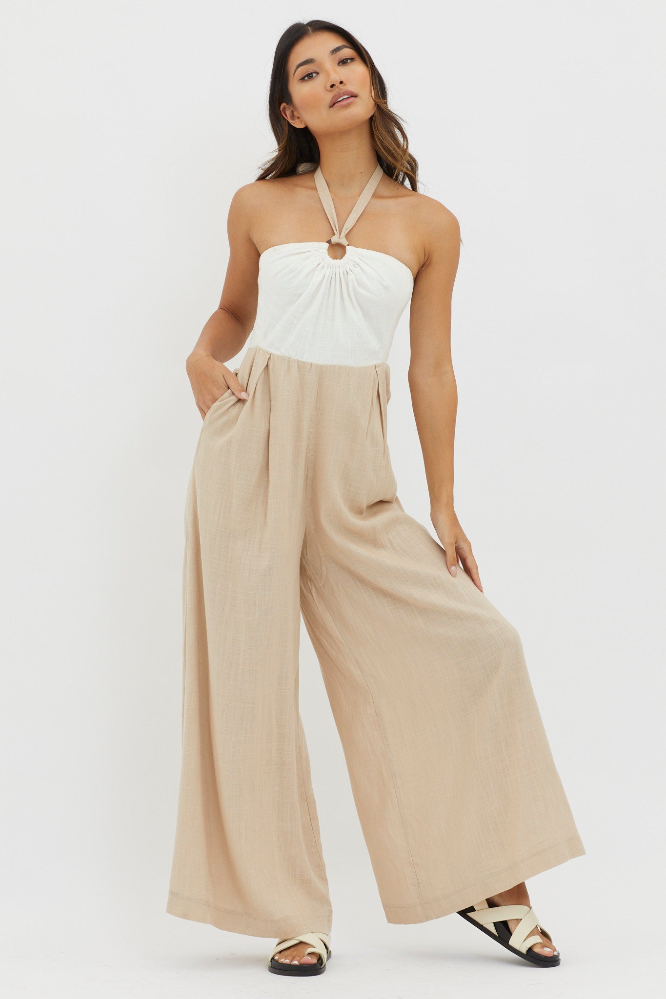 Maryn Wide Leg Halterneck Jumpsuit Beige by Selfie Leslie Australia