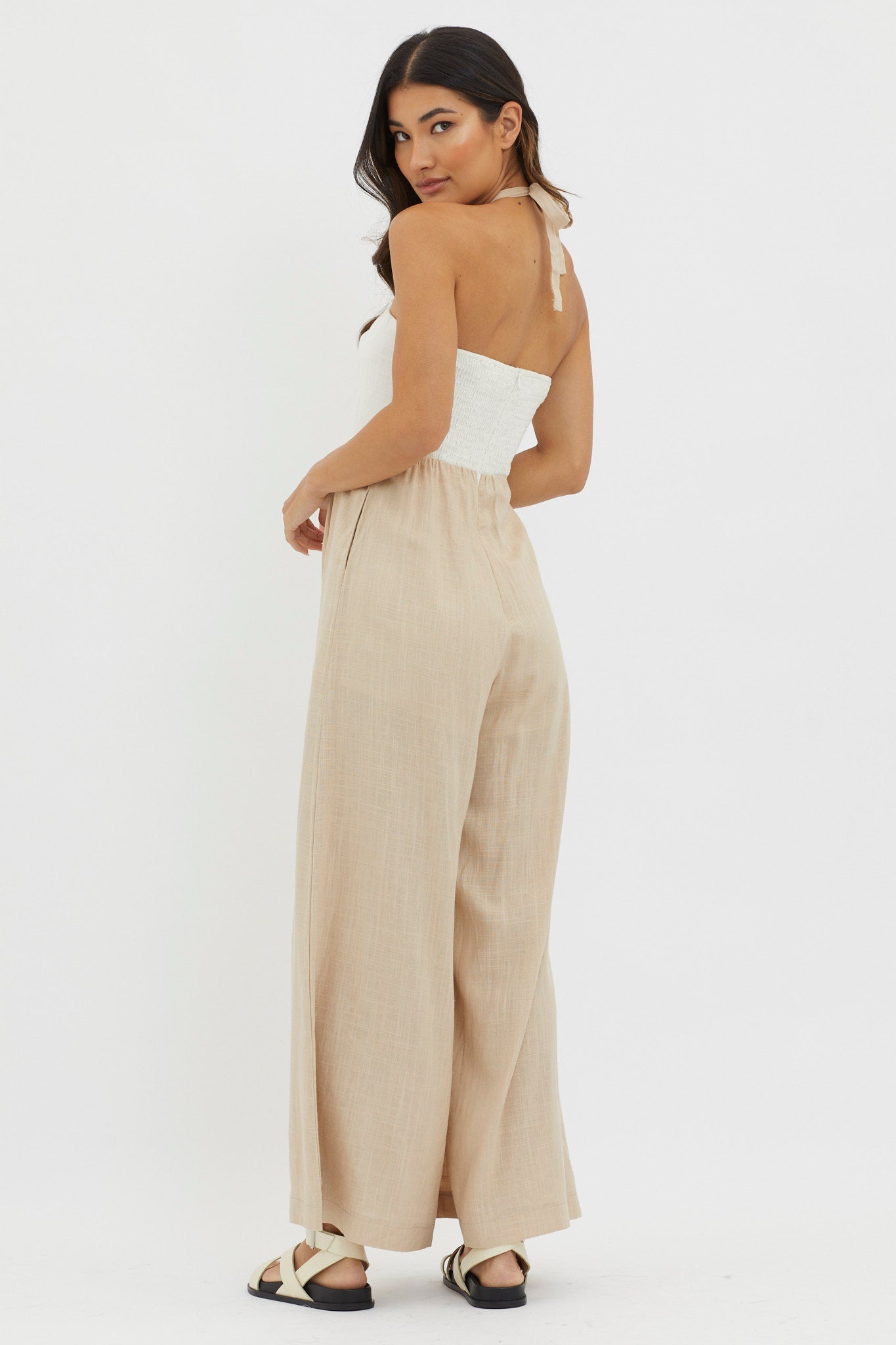 Maryn Wide Leg Halterneck Jumpsuit Beige by Selfie Leslie Australia