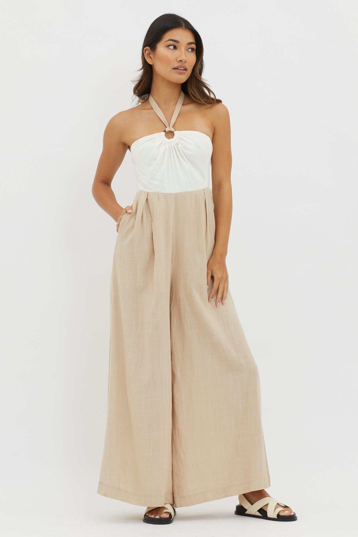 Maryn Wide Leg Halterneck Jumpsuit Beige by Selfie Leslie Australia