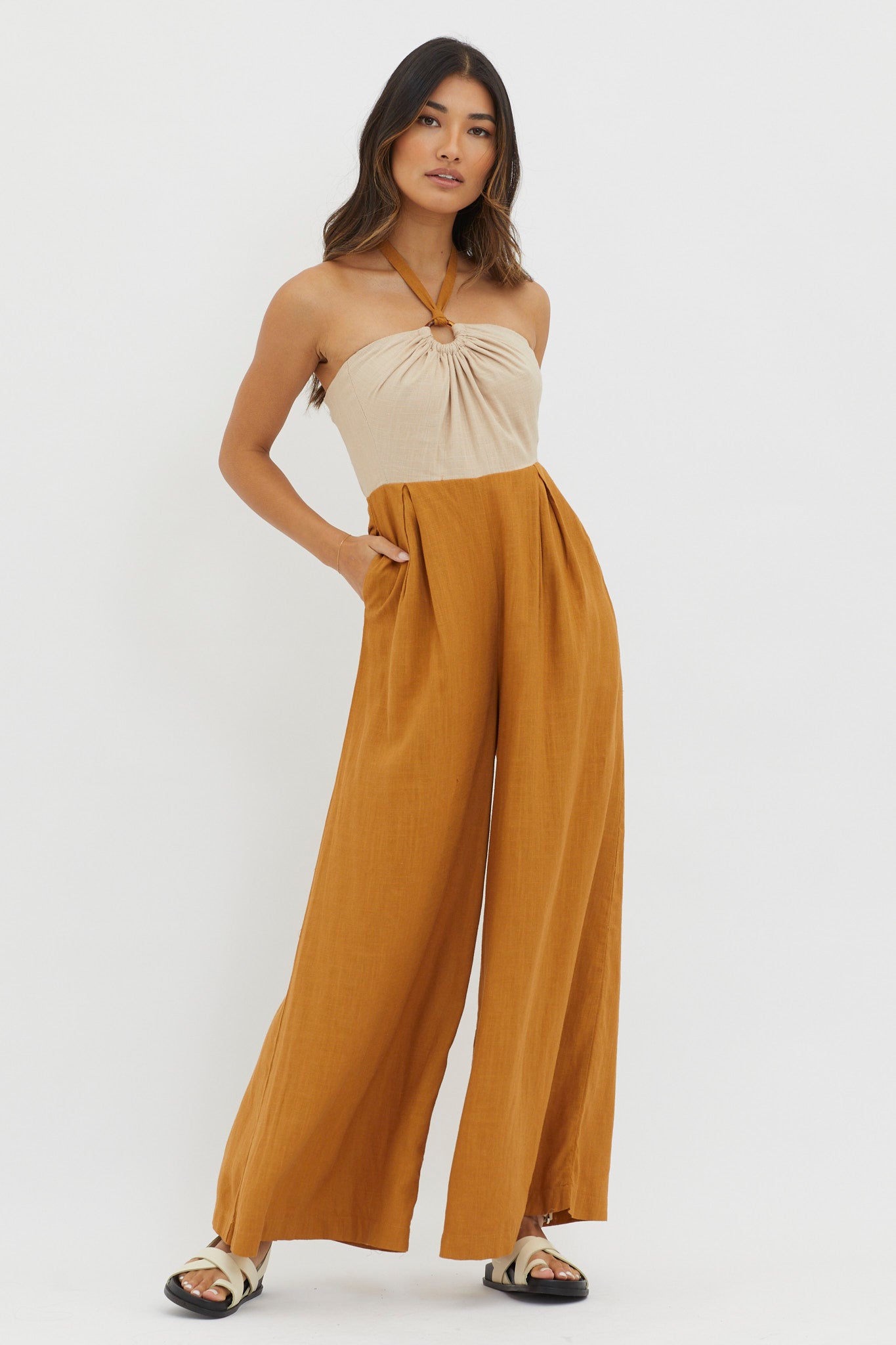 Maryn Wide Leg Halterneck Jumpsuit Mocha by Selfie Leslie Australia