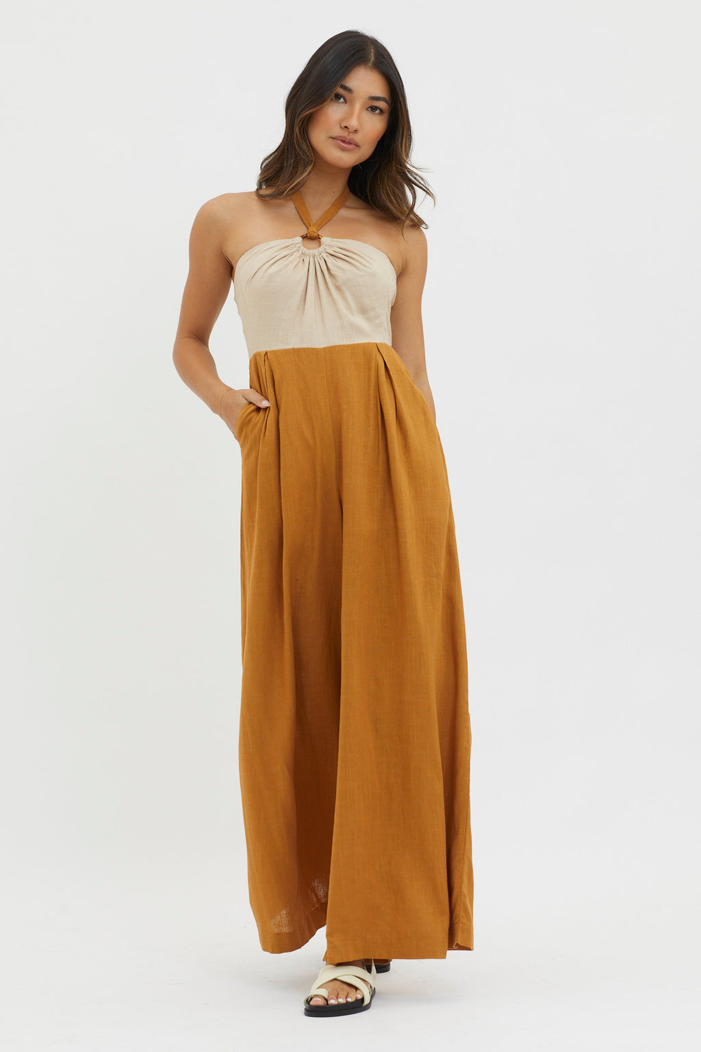 Maryn Wide Leg Halterneck Jumpsuit Mocha by Selfie Leslie Australia