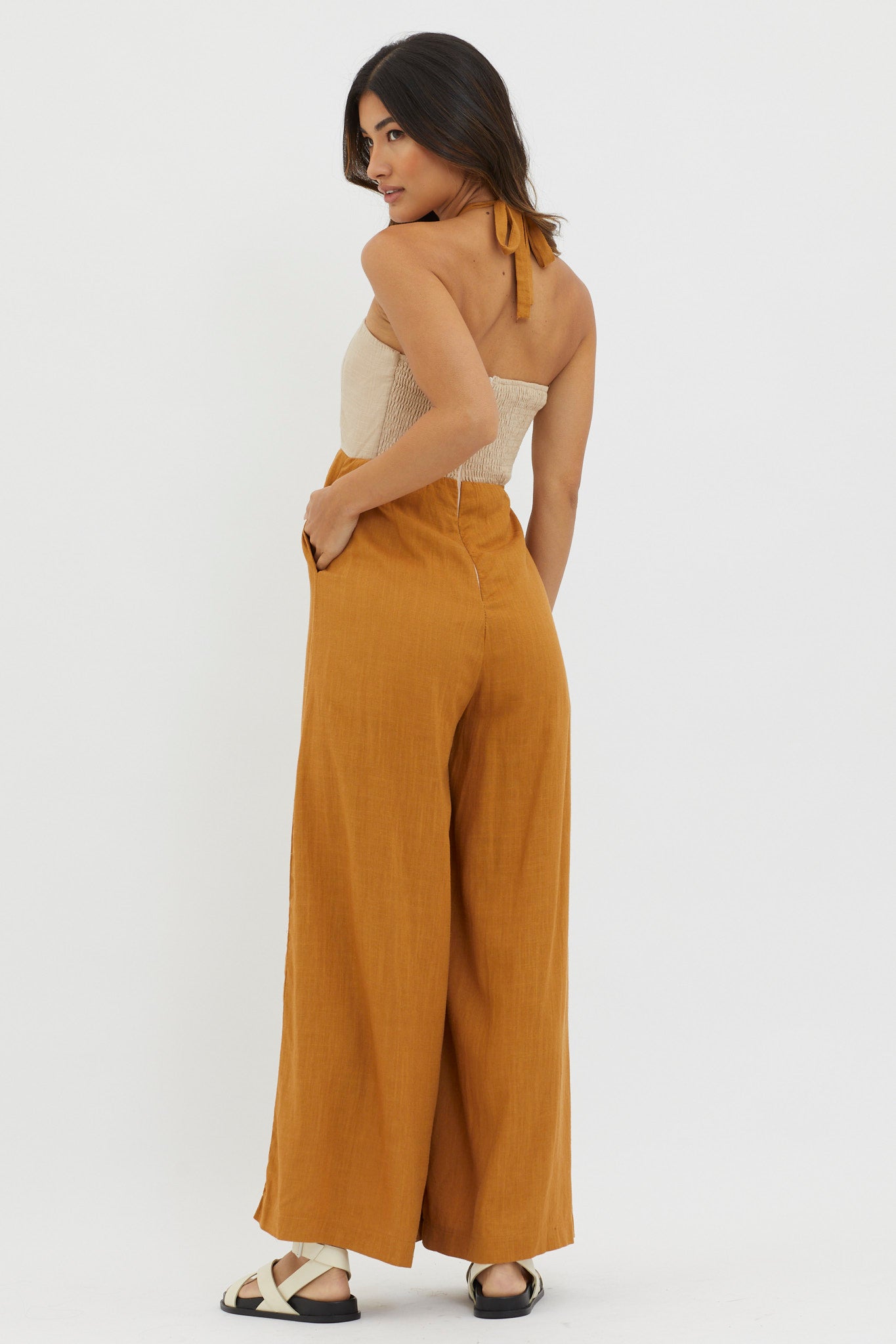 Maryn Wide Leg Halterneck Jumpsuit Mocha by Selfie Leslie Australia