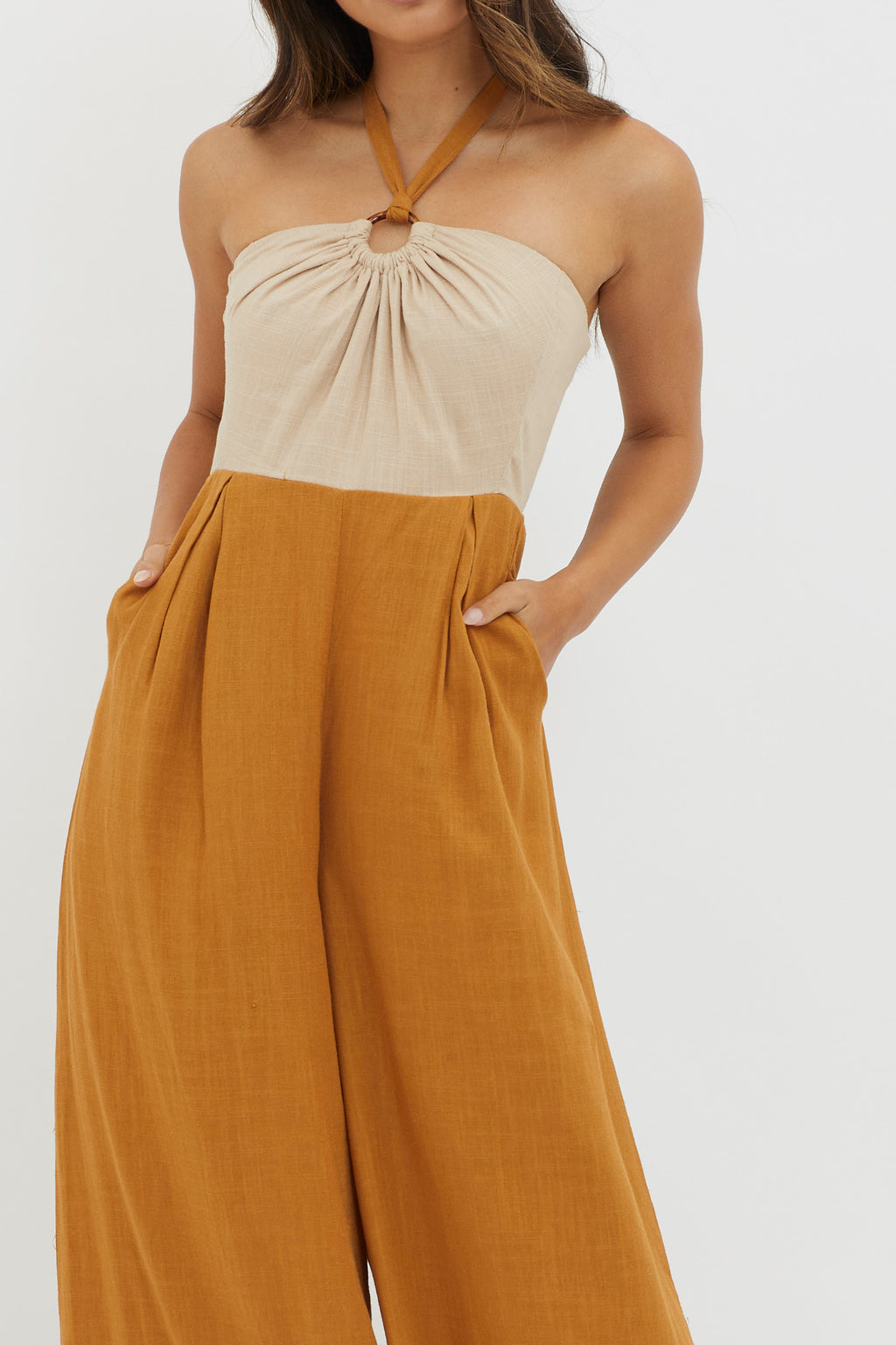 Maryn Wide Leg Halterneck Jumpsuit Mocha by Selfie Leslie Australia