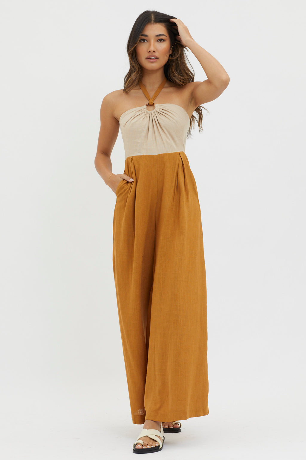 Maryn Wide Leg Halterneck Jumpsuit Mocha by Selfie Leslie Australia