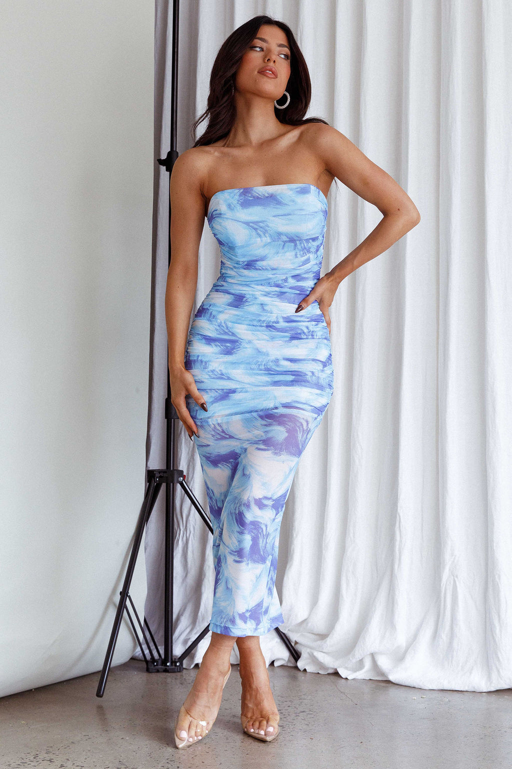 Logan Strapless Ruched Midi Dress Blue by Selfie Leslie Australia