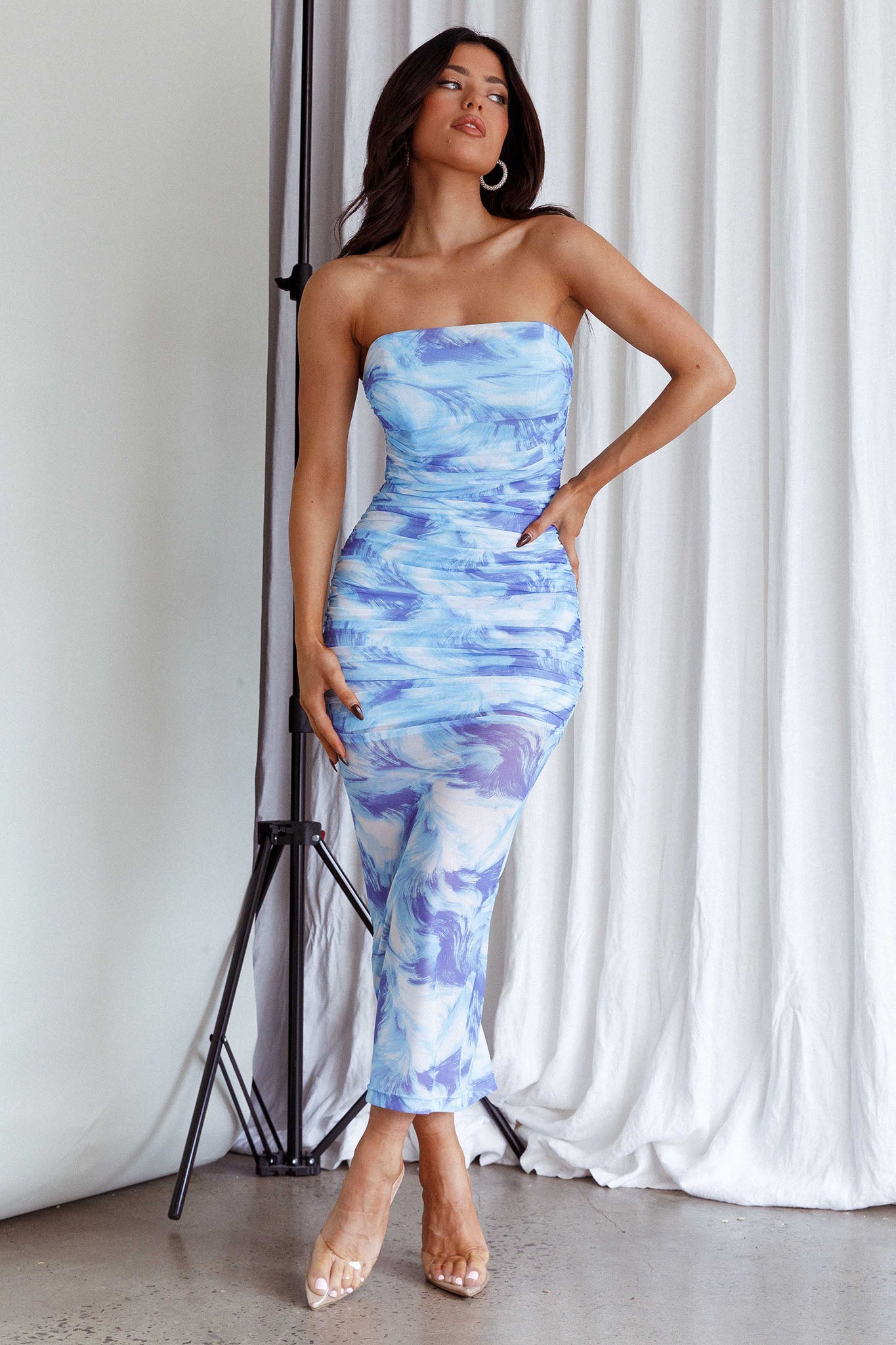 Logan Strapless Ruched Midi Dress Blue by Selfie Leslie Australia