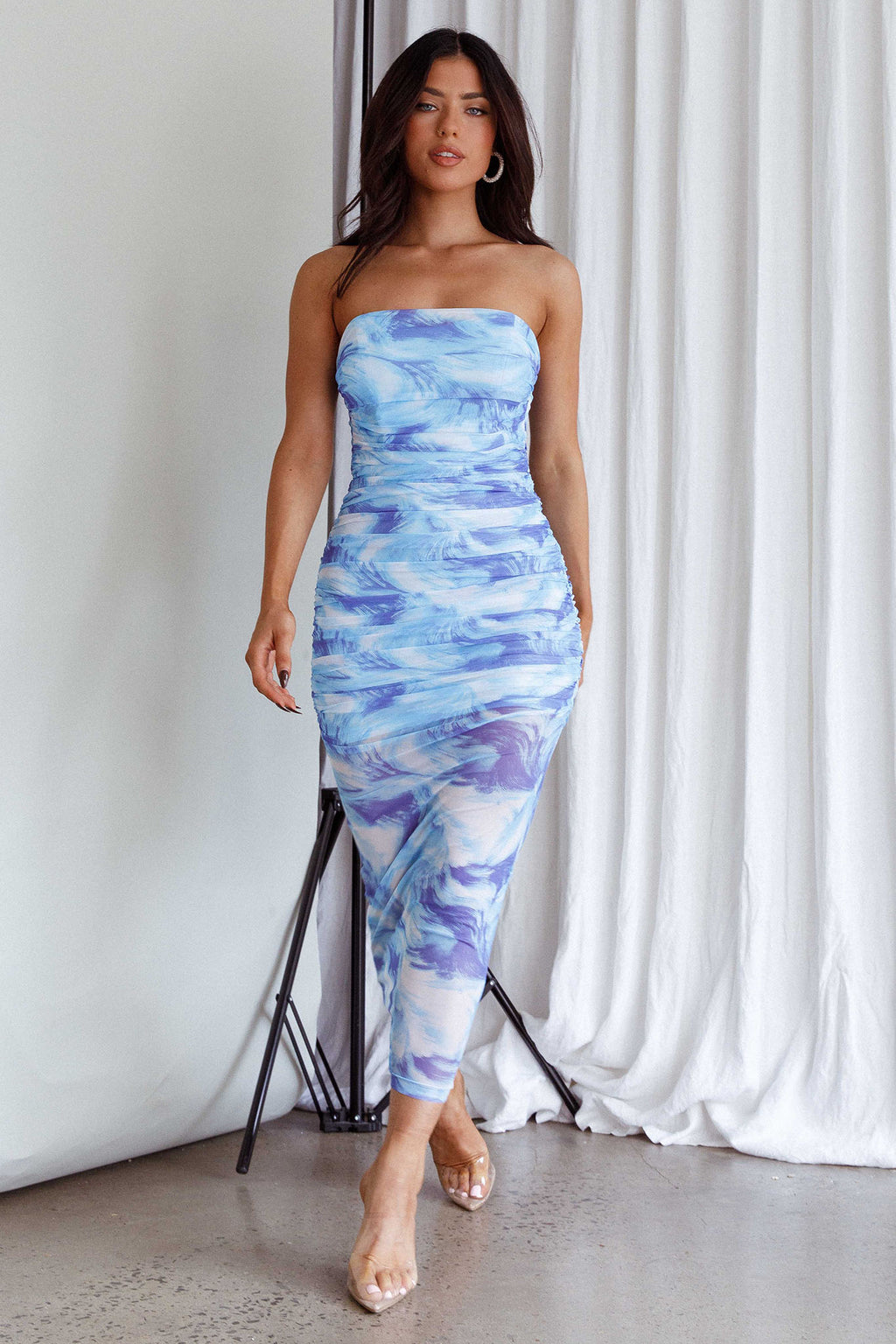 Logan Strapless Ruched Midi Dress Blue by Selfie Leslie Australia