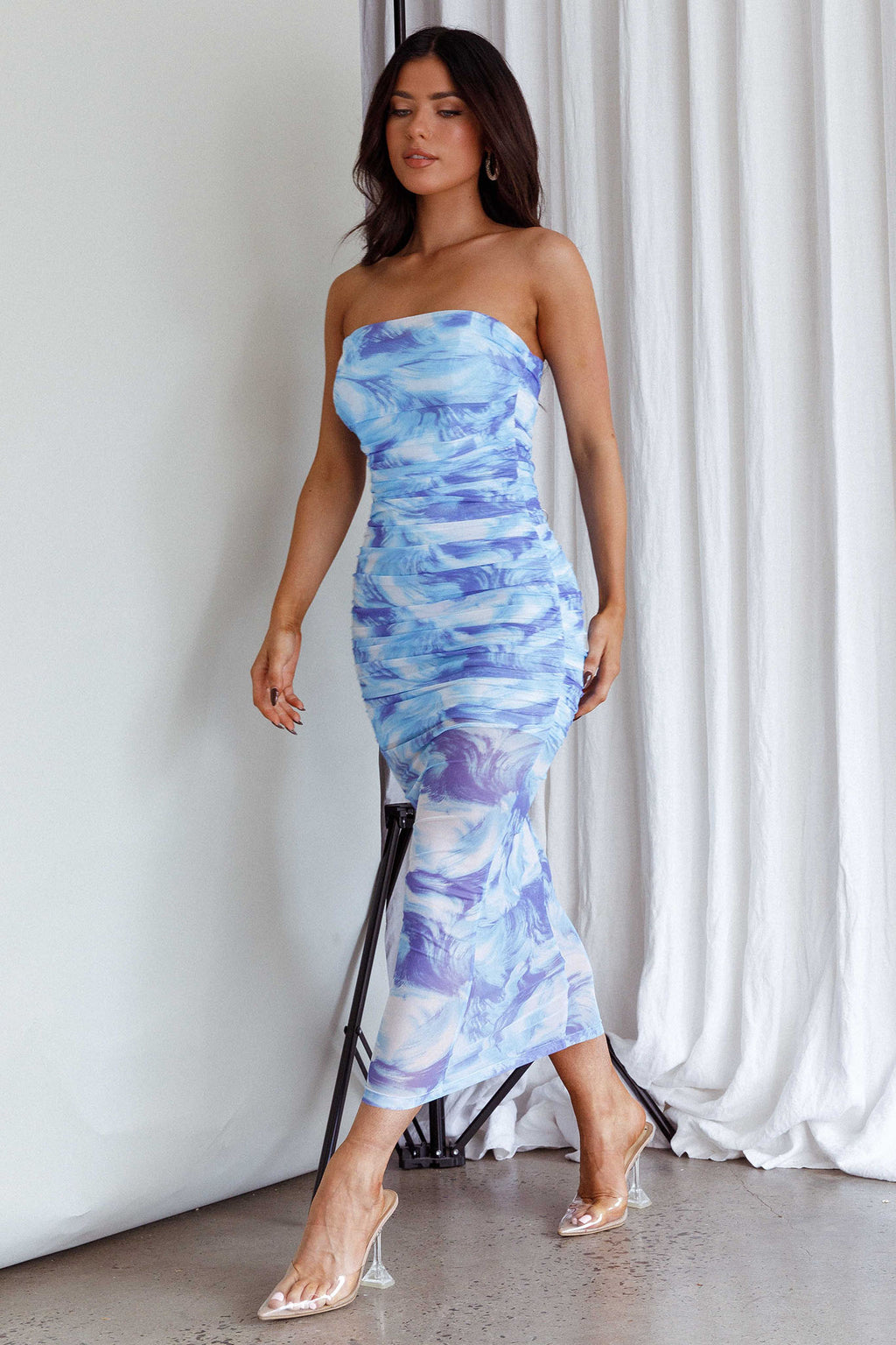 Logan Strapless Ruched Midi Dress Blue by Selfie Leslie Australia