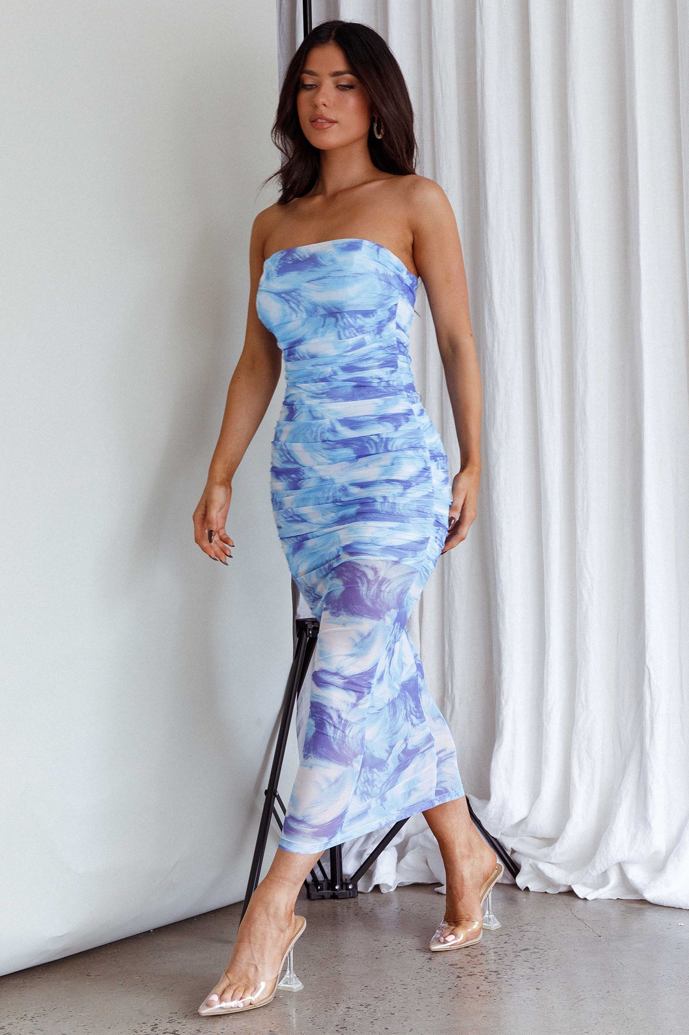 Logan Strapless Ruched Midi Dress Blue by Selfie Leslie Australia