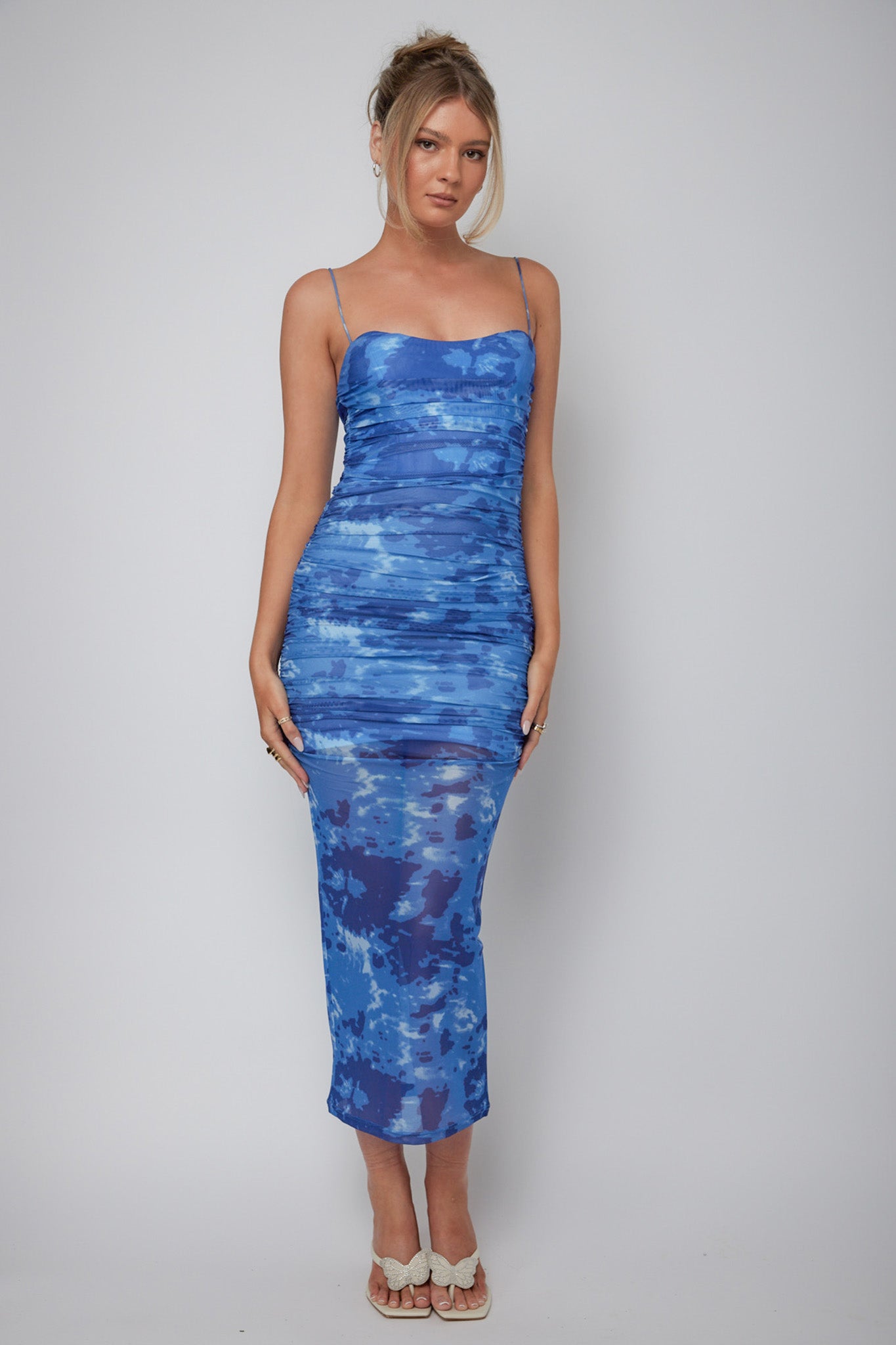 Logan Strapless Ruched Midi Dress Mottled Blue by Selfie Leslie Australia