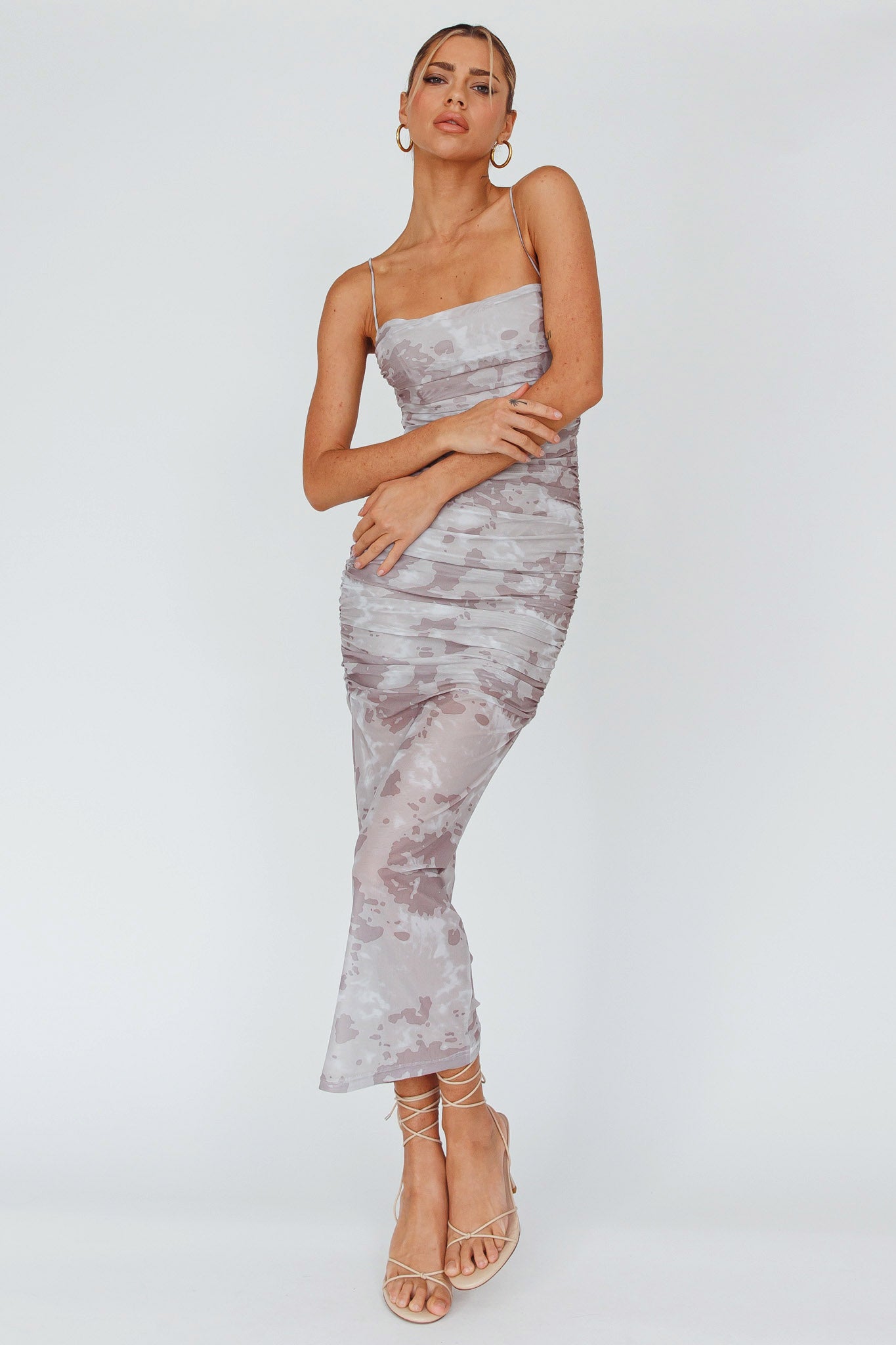 Logan Strapless Ruched Midi Dress Print Sand by Selfie Leslie Australia