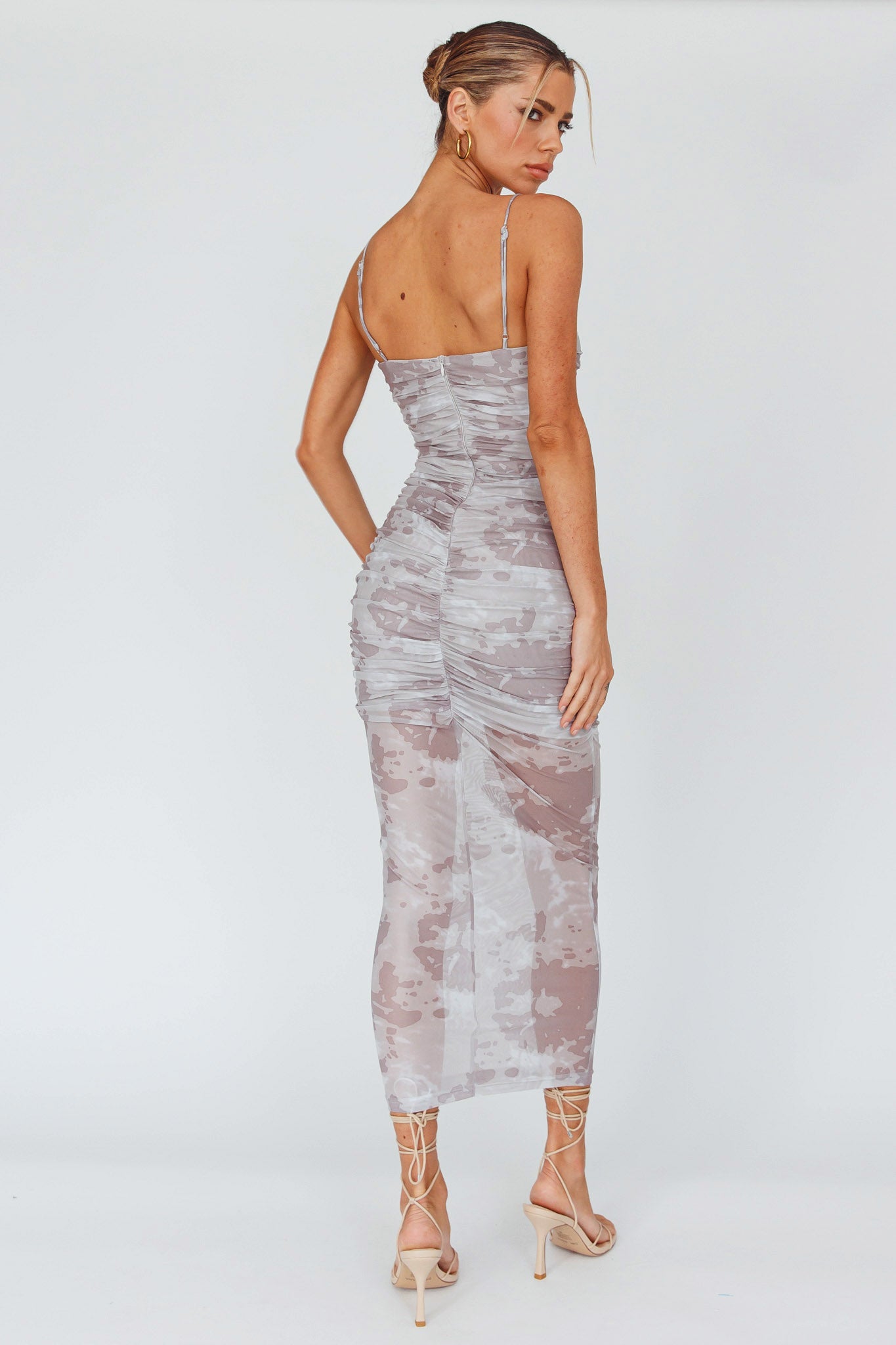 Logan Strapless Ruched Midi Dress Print Sand by Selfie Leslie Australia