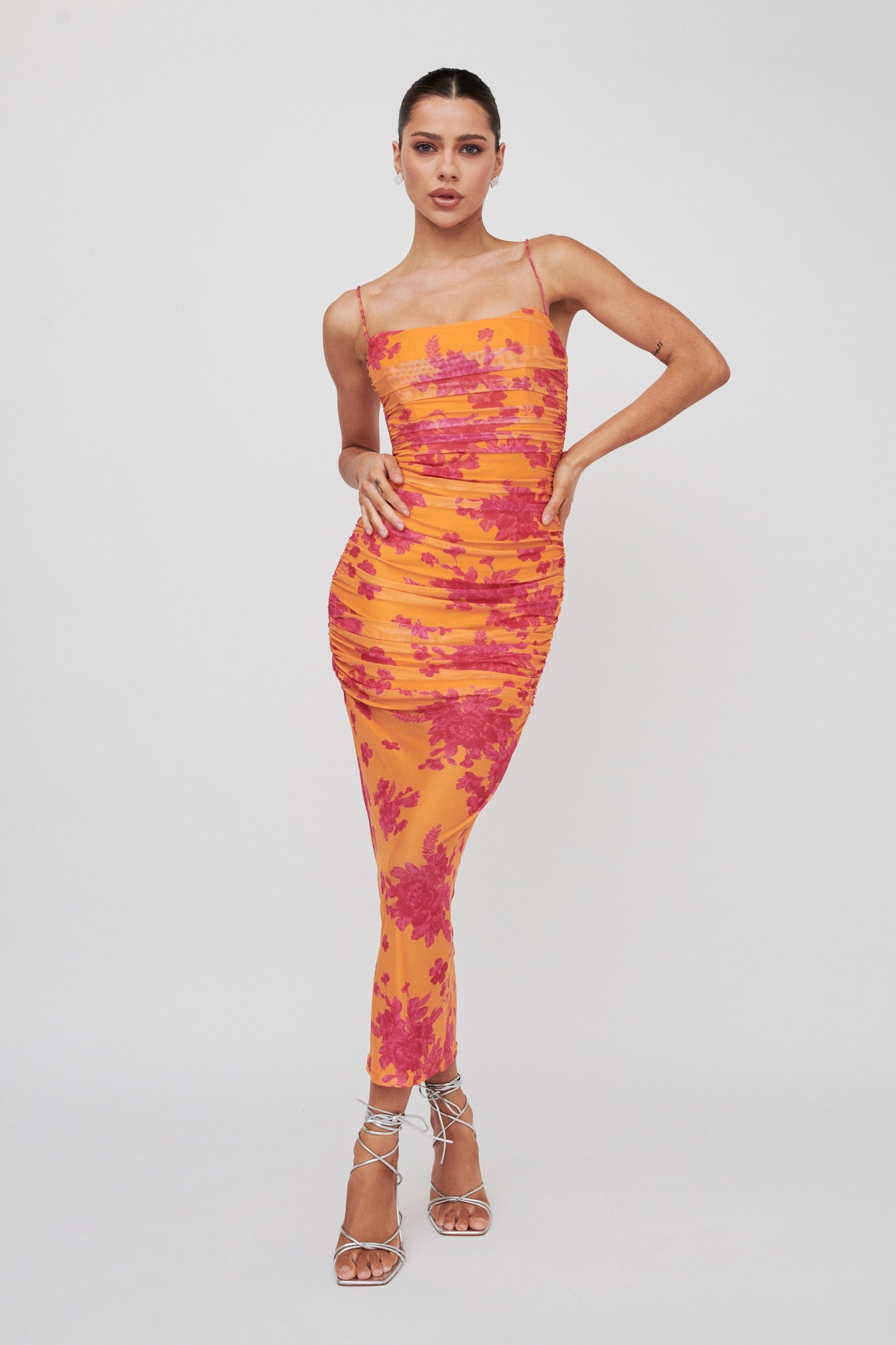 Logan Cami Strap Midi Dress Flower Orange by Selfie Leslie Australia