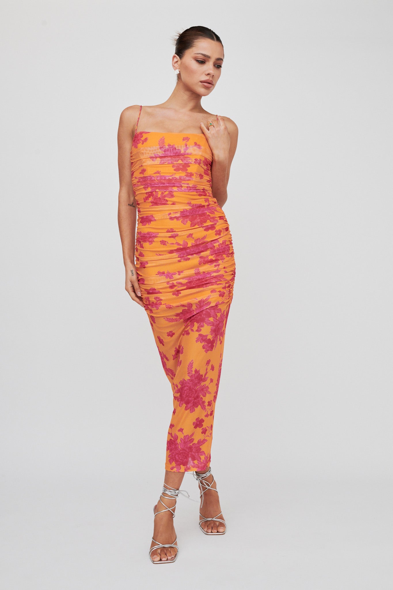 Logan Cami Strap Midi Dress Flower Orange by Selfie Leslie Australia
