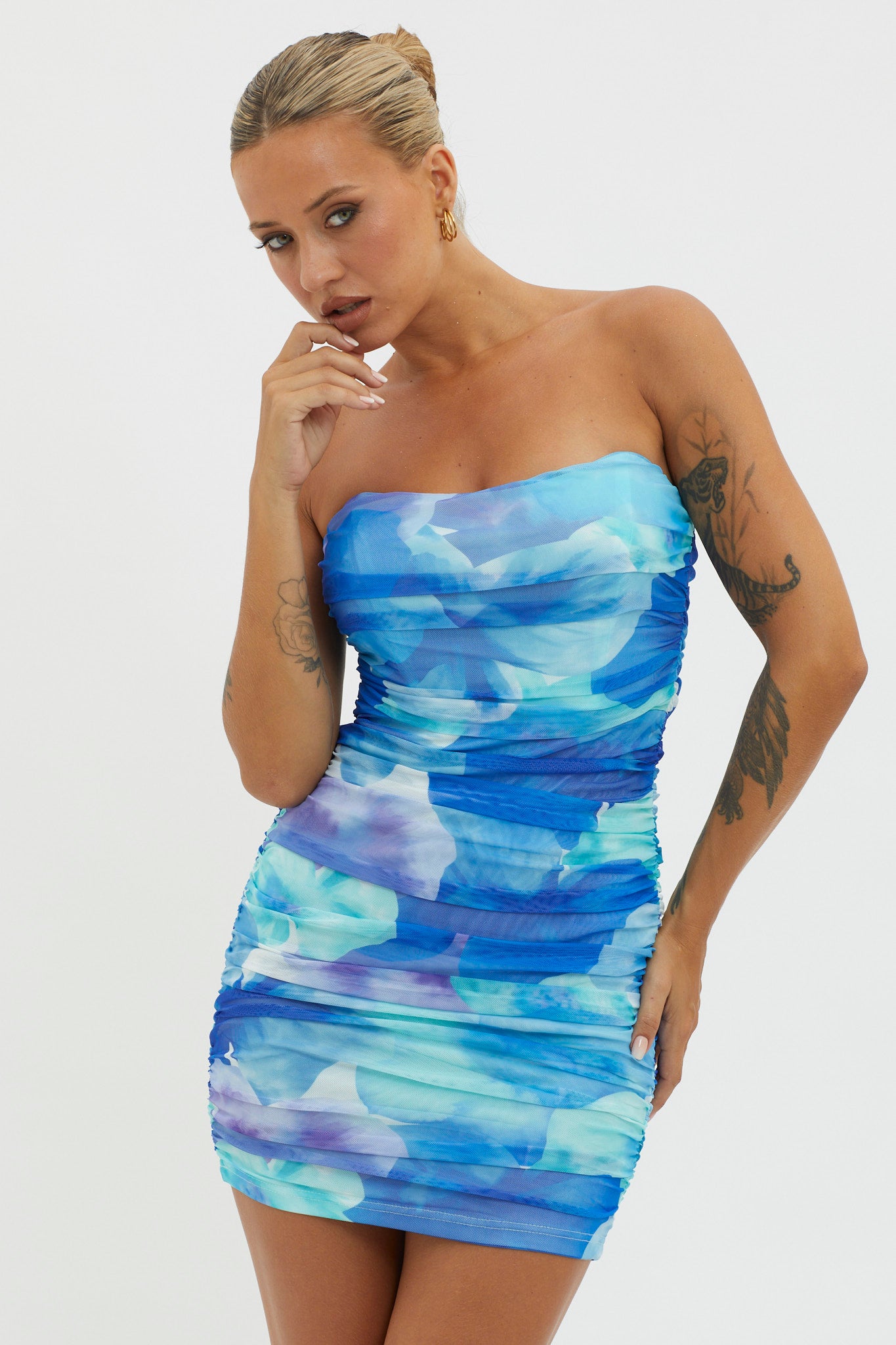Logan Strapless Ruched Dress Floral Blue by Selfie Leslie Australia