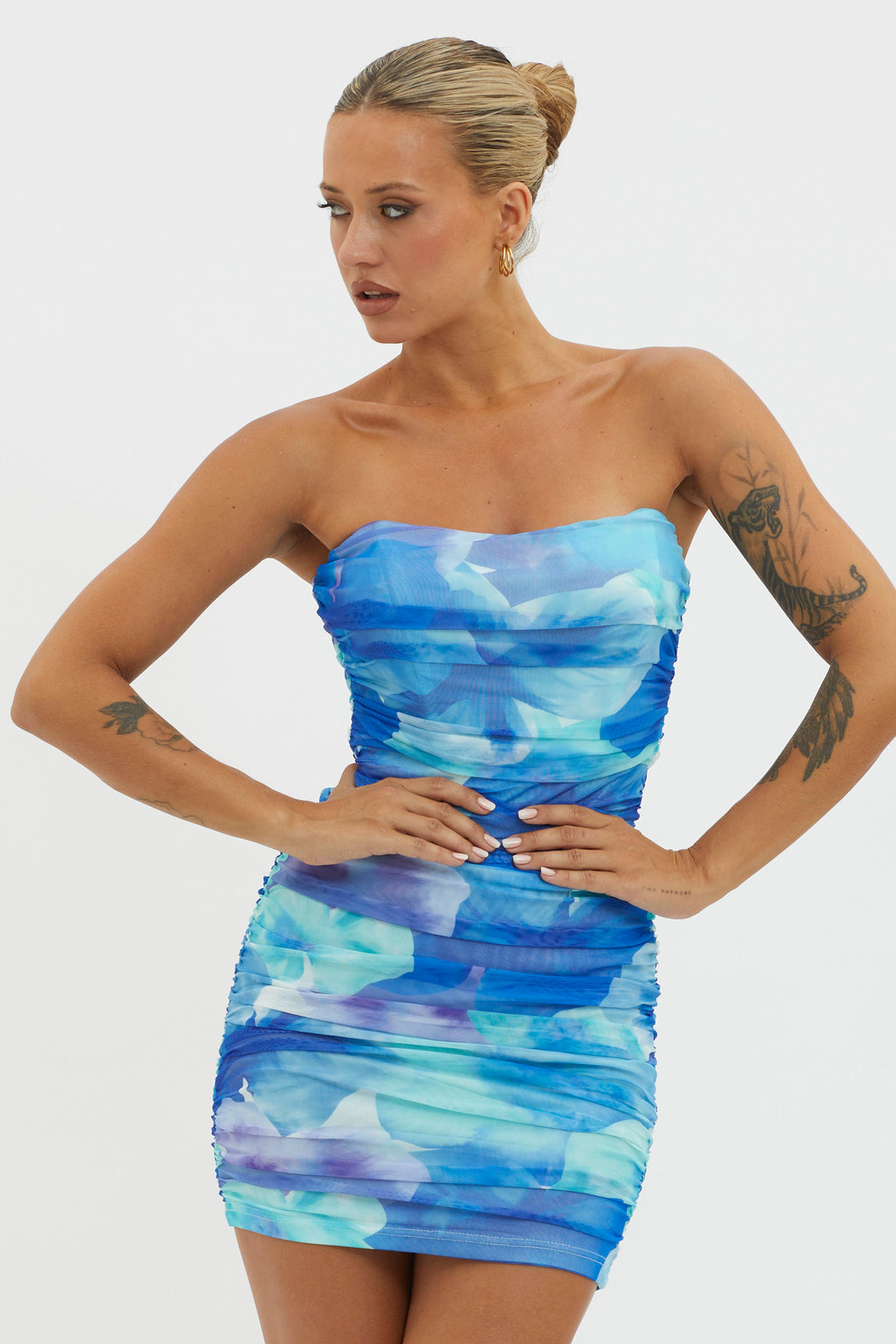 Logan Strapless Ruched Dress Floral Blue by Selfie Leslie Australia