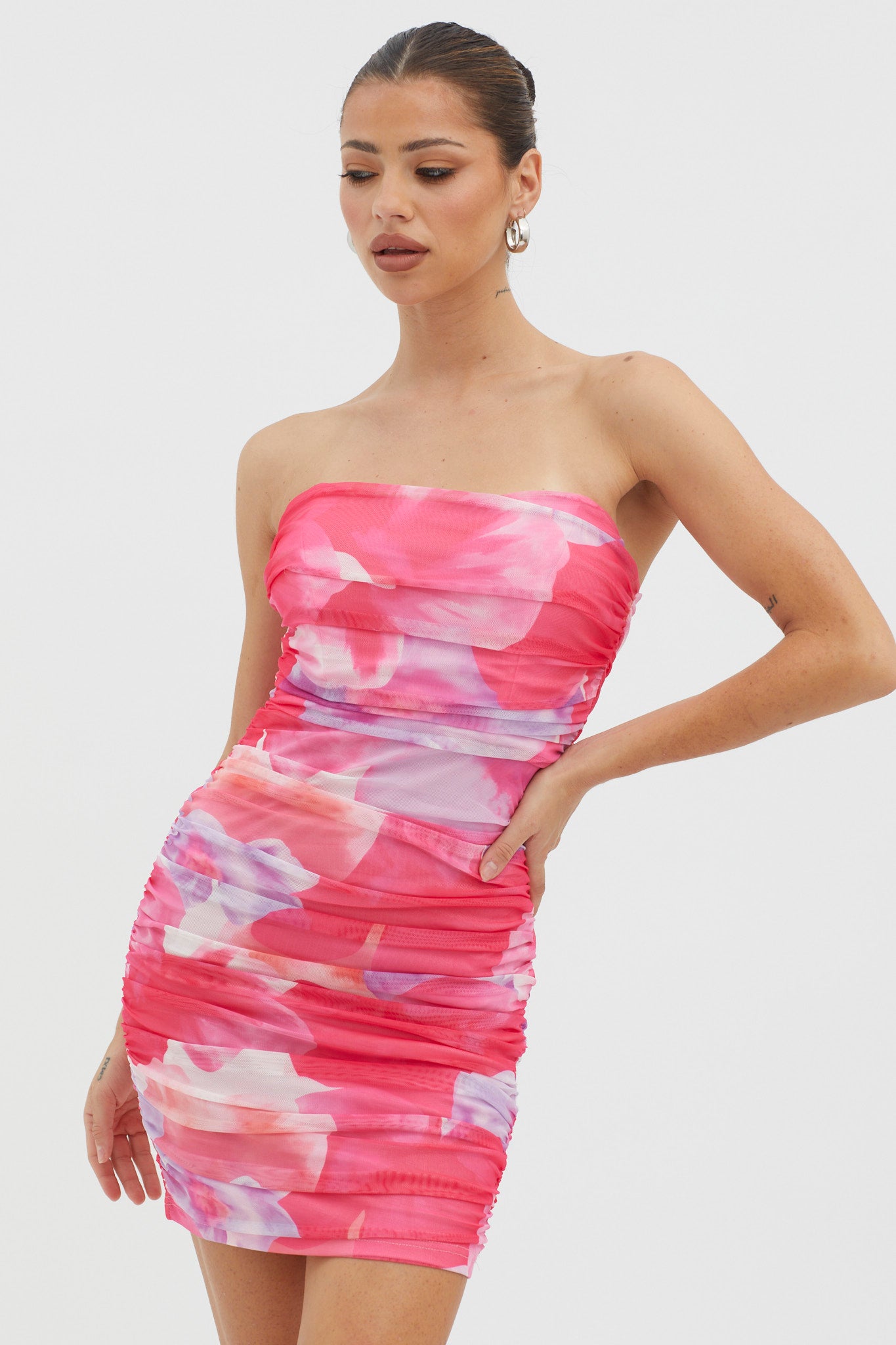 Logan Strapless Ruched Dress Floral Pink by Selfie Leslie Australia