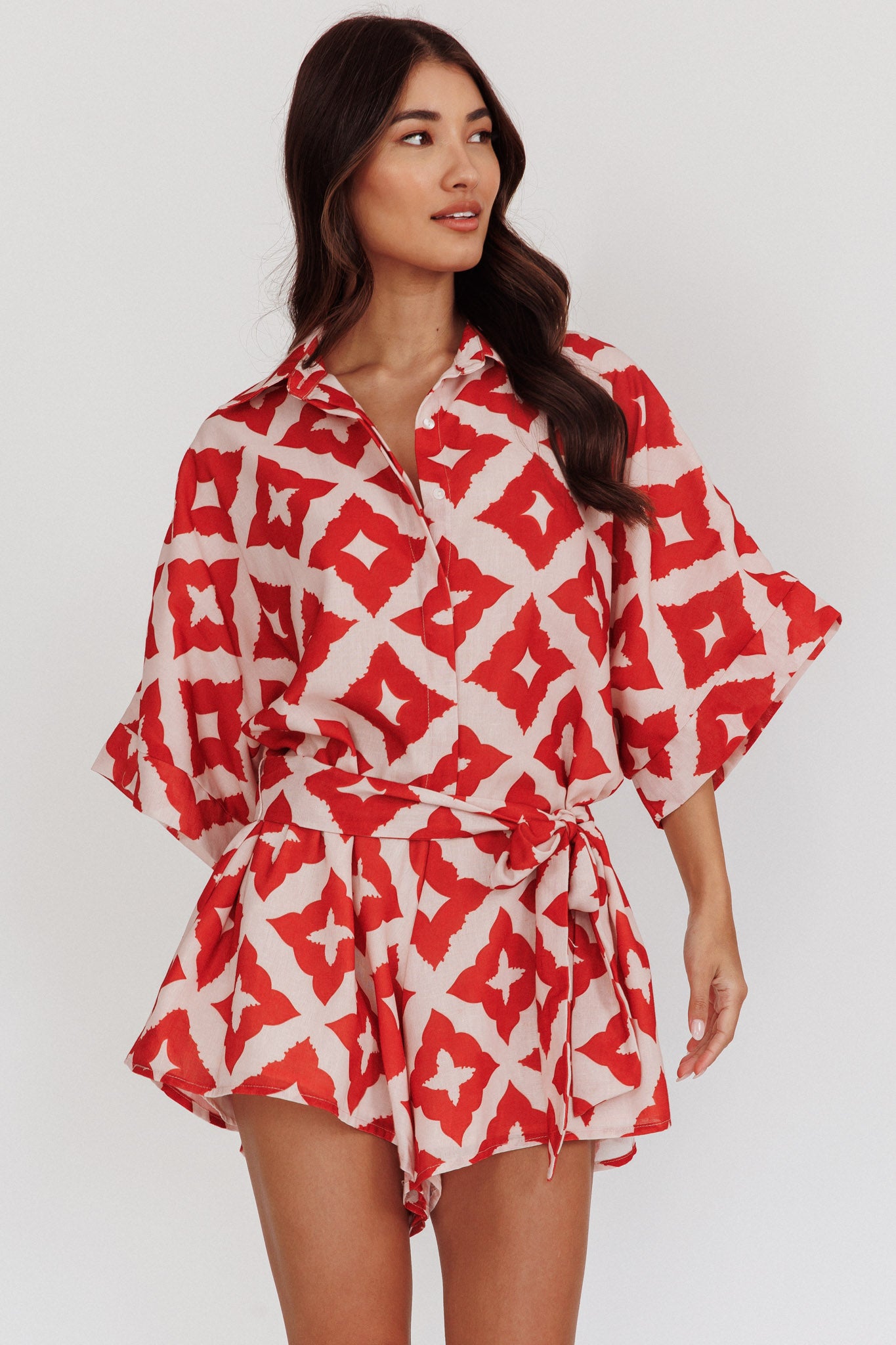 Daytona Beach Button-Up Romper Print Burgundy by Selfie Leslie Australia