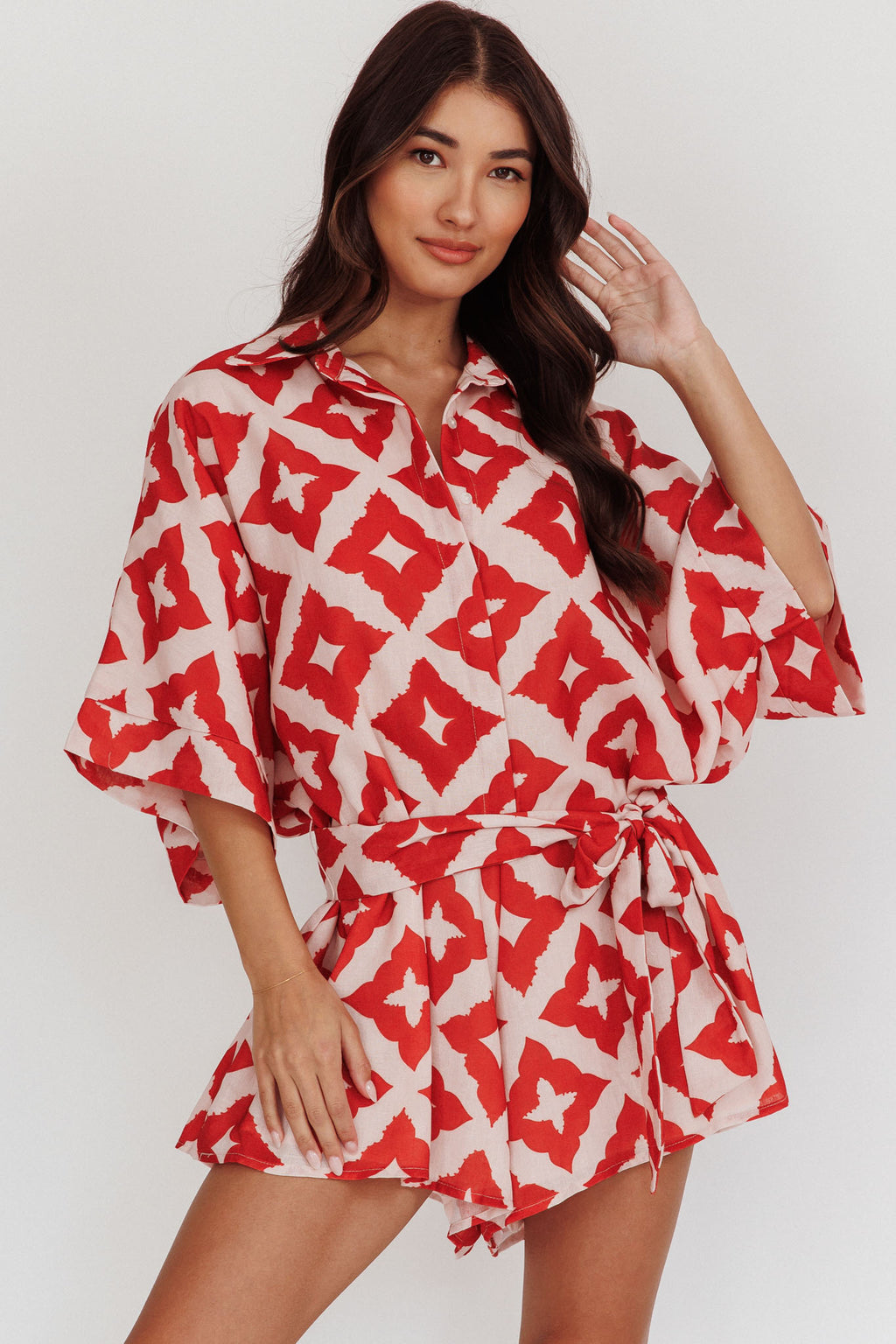 Daytona Beach Button-Up Romper Print Burgundy by Selfie Leslie Australia