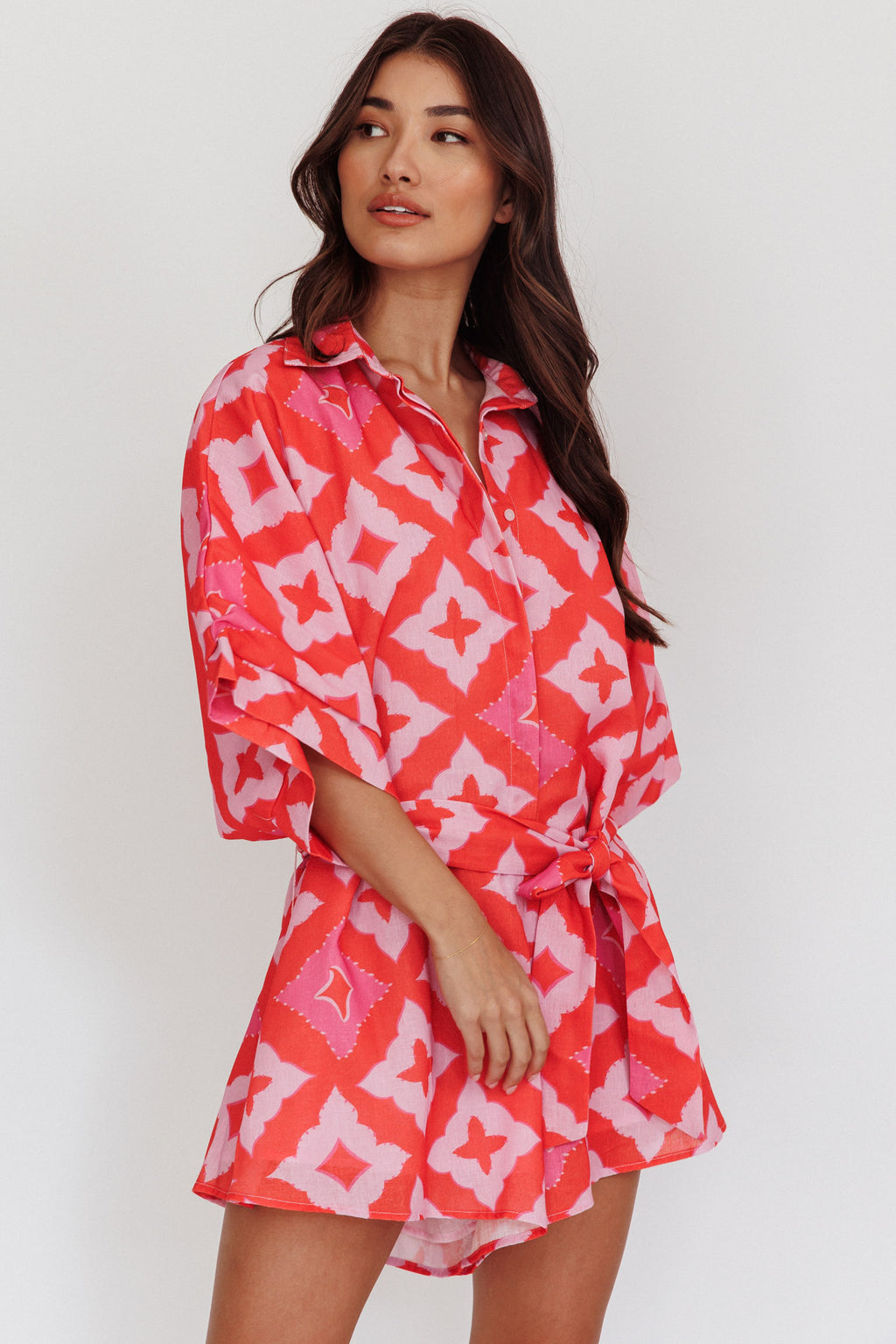 Daytona Beach Button-Up Romper Print Pink by Selfie Leslie Australia