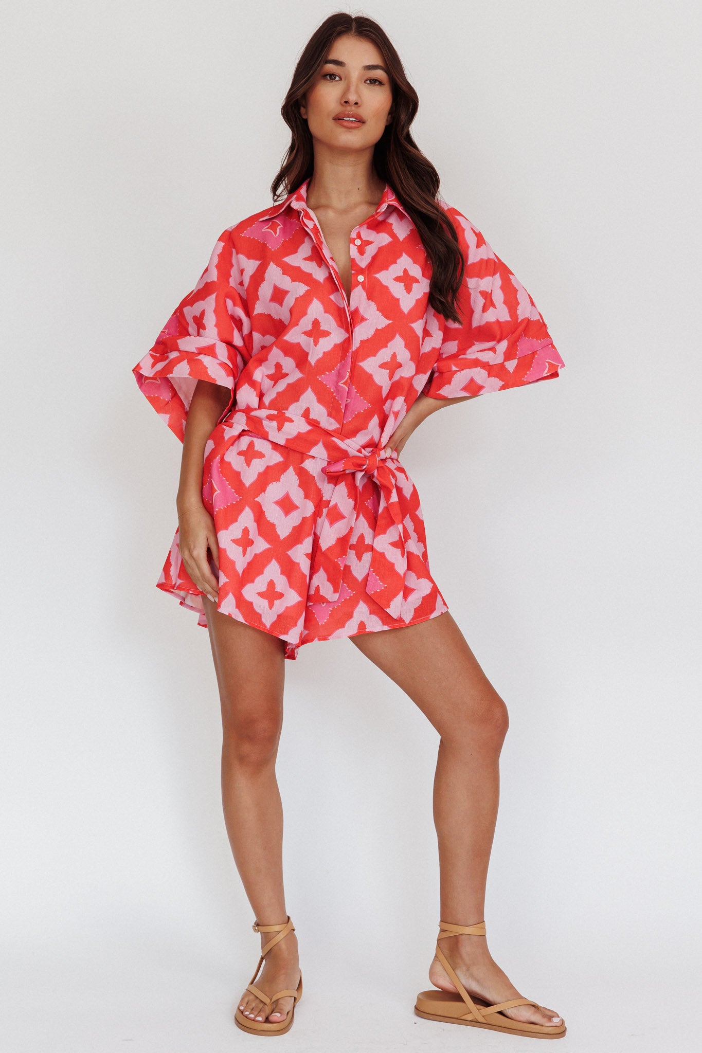 Daytona Beach Button-Up Romper Print Pink by Selfie Leslie Australia
