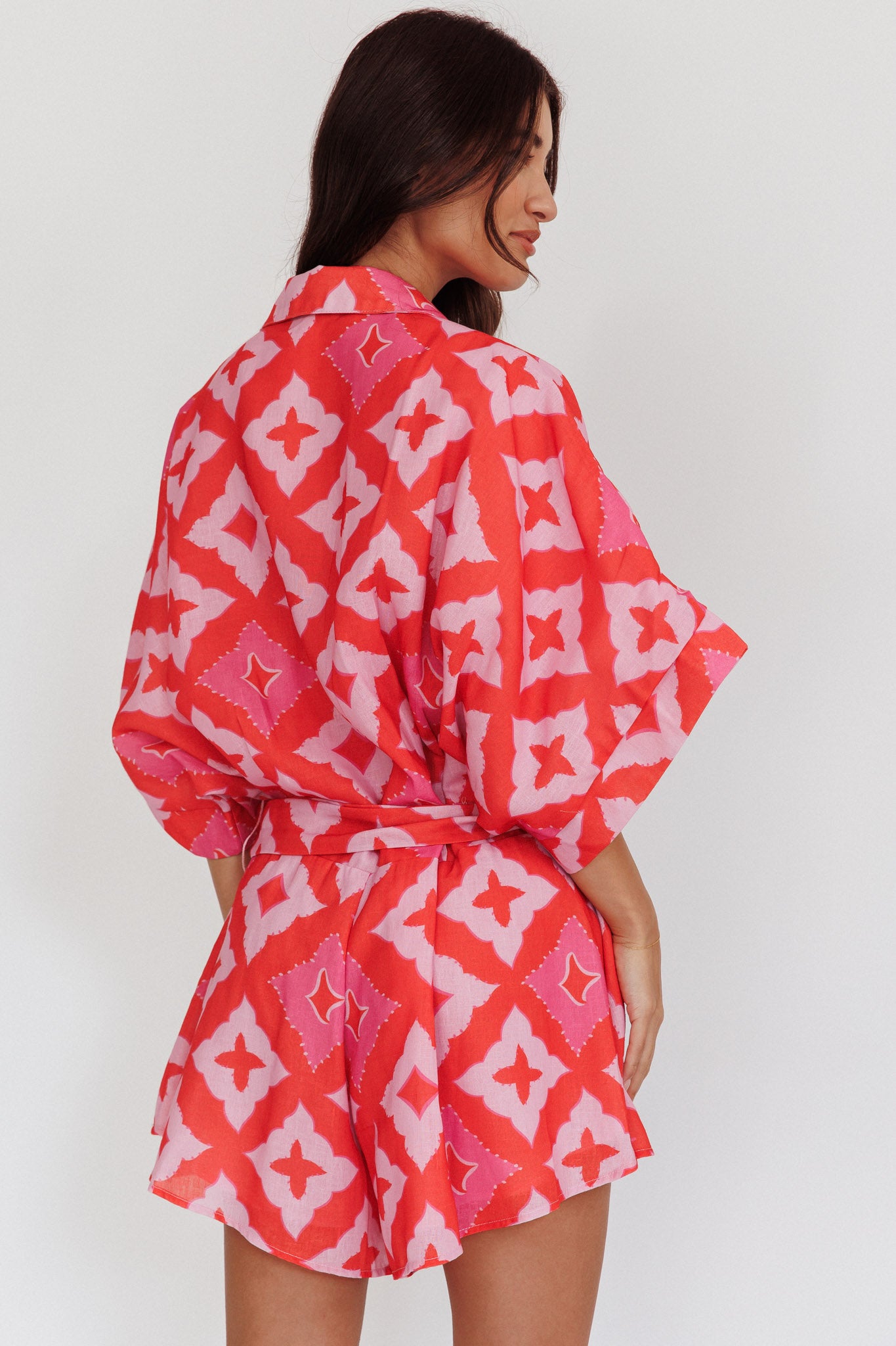 Daytona Beach Button-Up Romper Print Pink by Selfie Leslie Australia