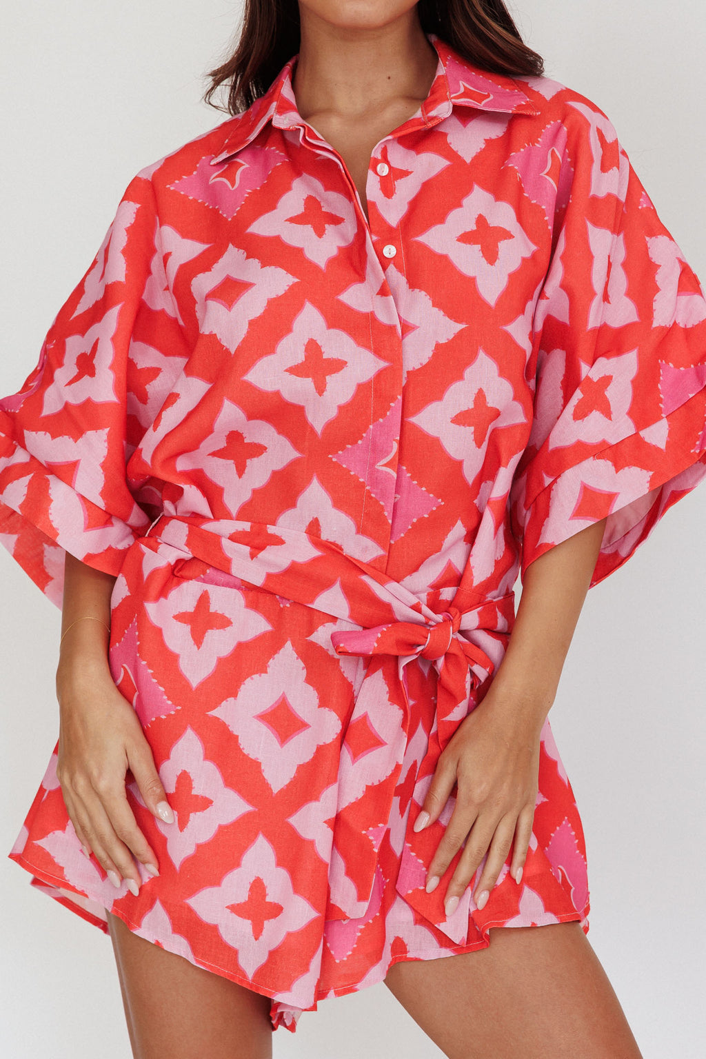 Daytona Beach Button-Up Romper Print Pink by Selfie Leslie Australia