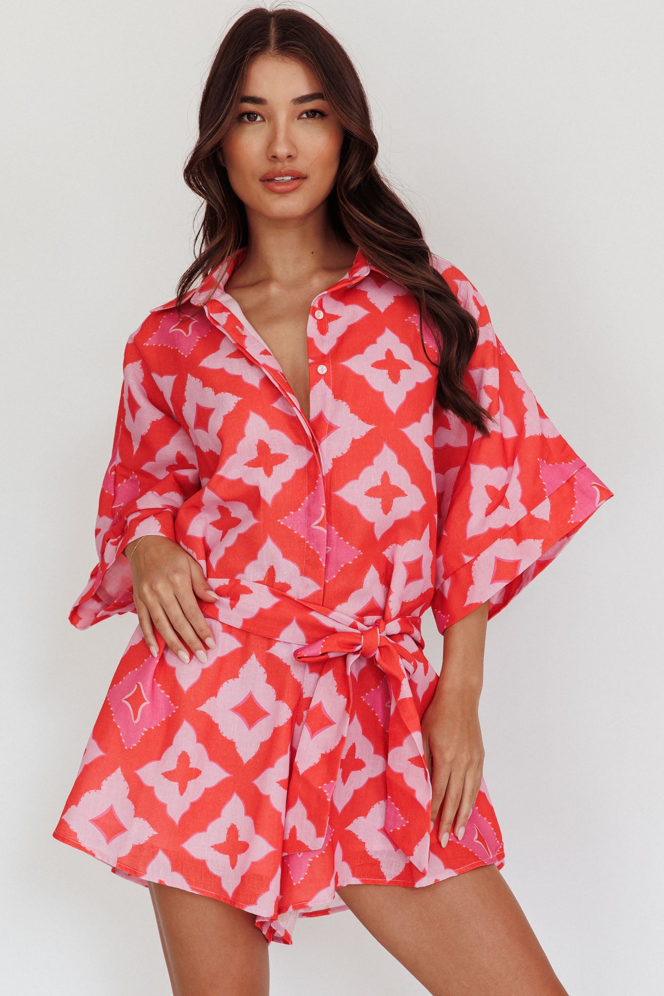 Daytona Beach Button-Up Romper Print Pink by Selfie Leslie Australia