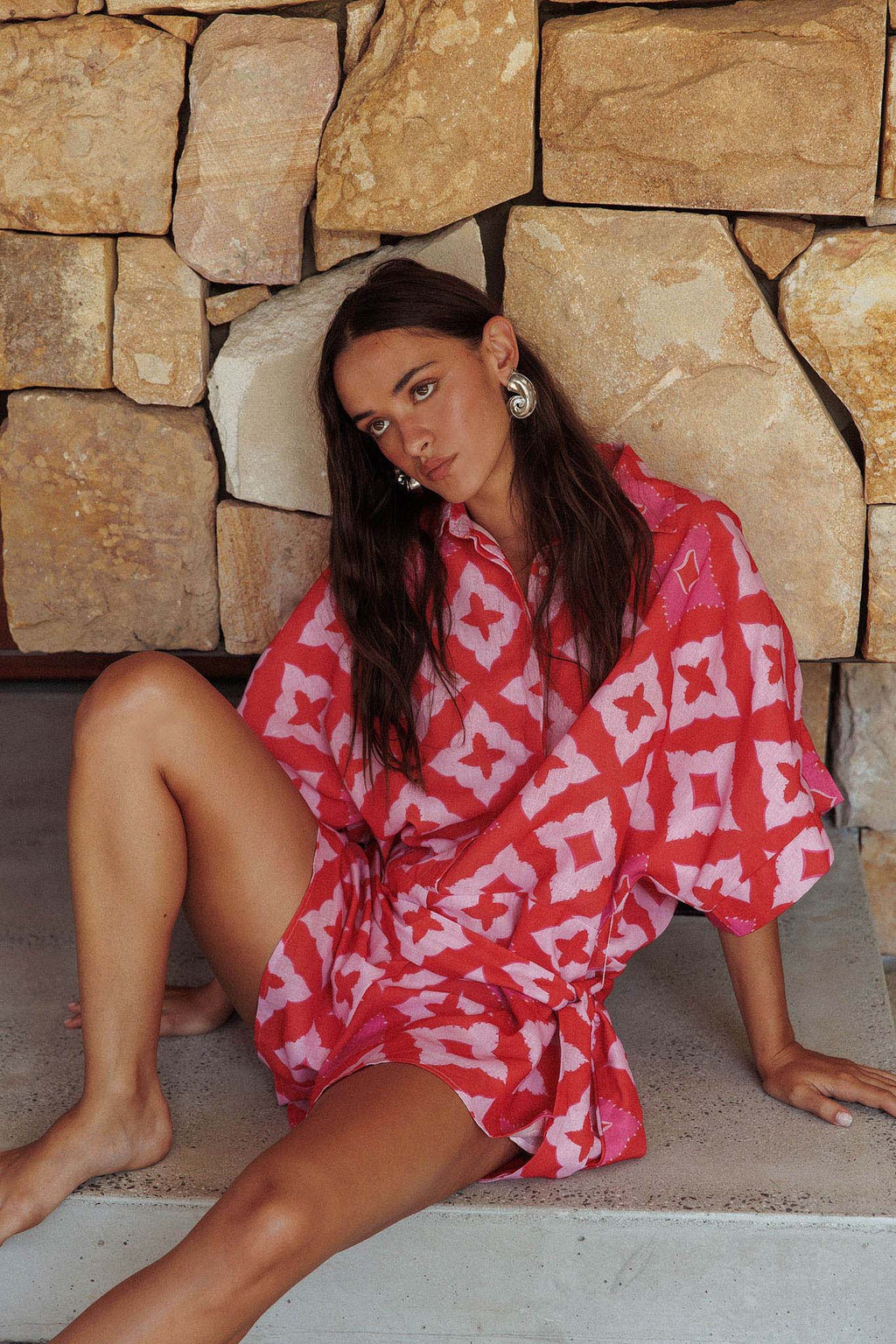 Daytona Beach Button-Up Romper Print Pink by Selfie Leslie Australia