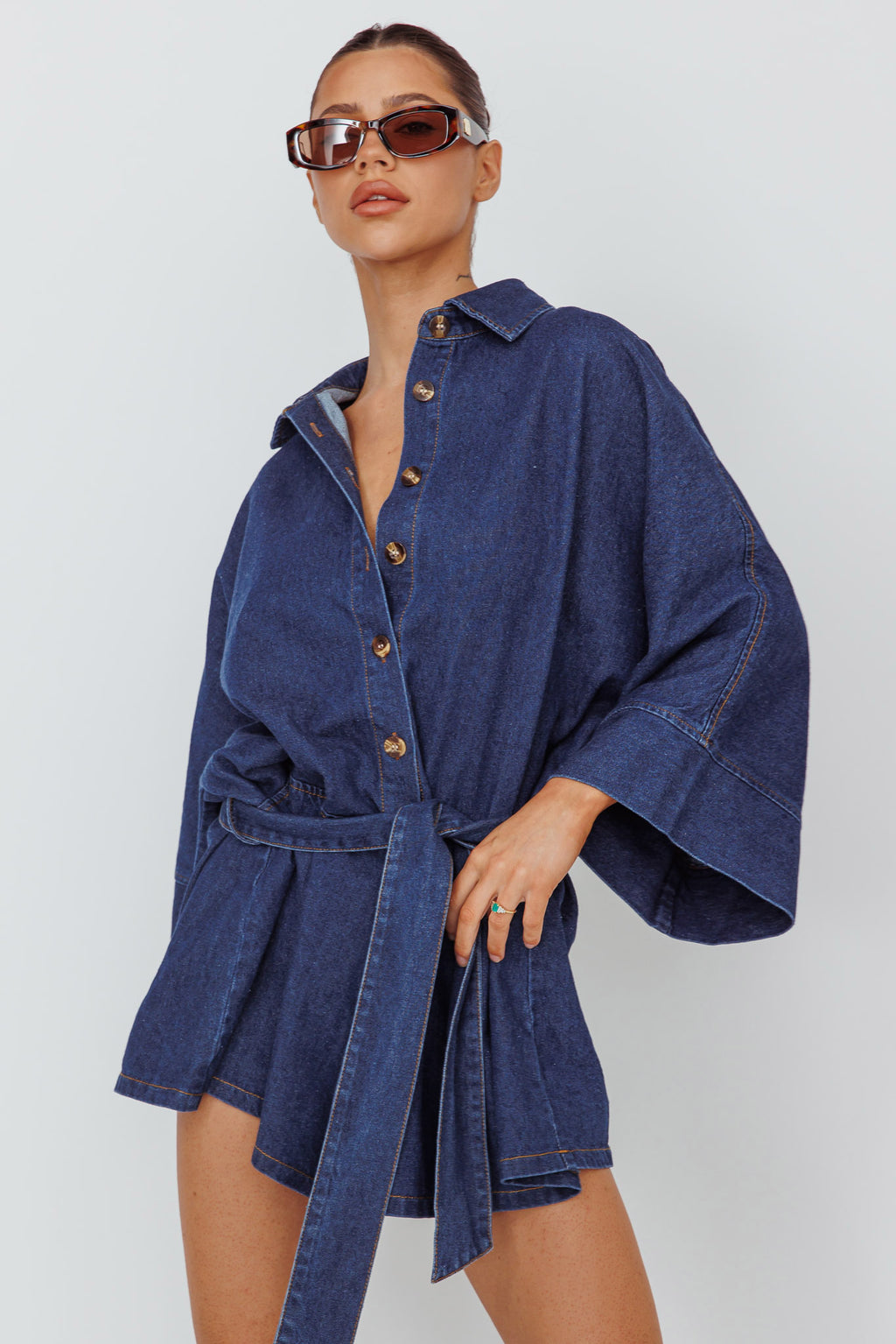 Daytona Beach Long Sleeve Shirt Romper Indigo by Selfie Leslie Australia