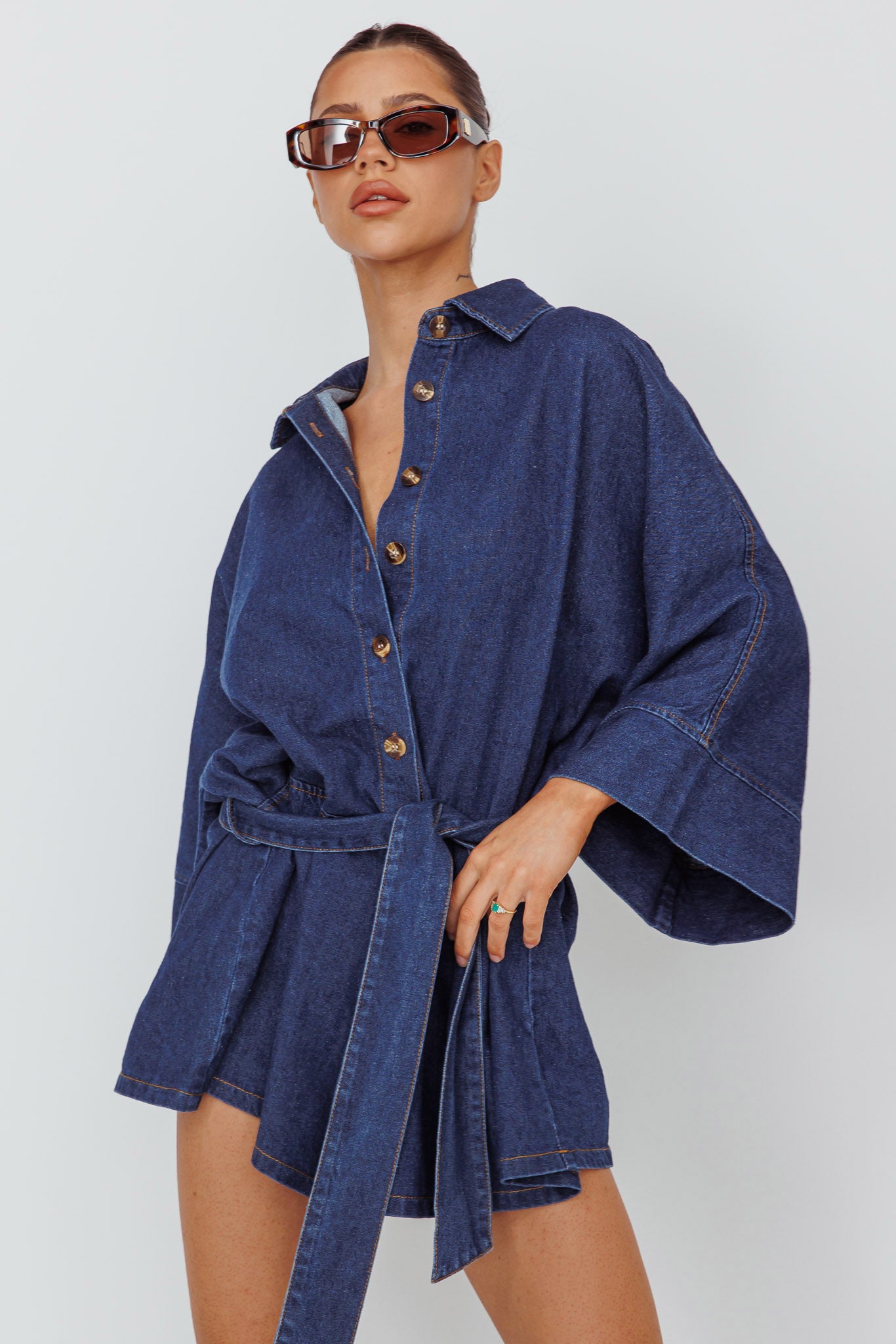 Daytona Beach Long Sleeve Shirt Romper Indigo by Selfie Leslie Australia