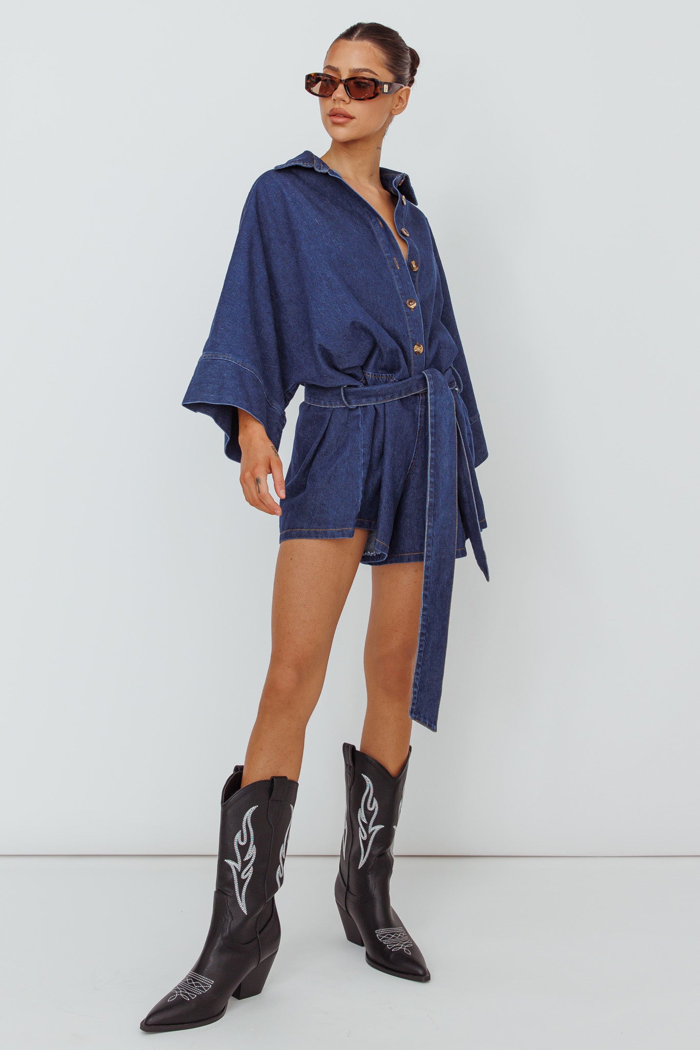 Daytona Beach Long Sleeve Shirt Romper Indigo by Selfie Leslie Australia