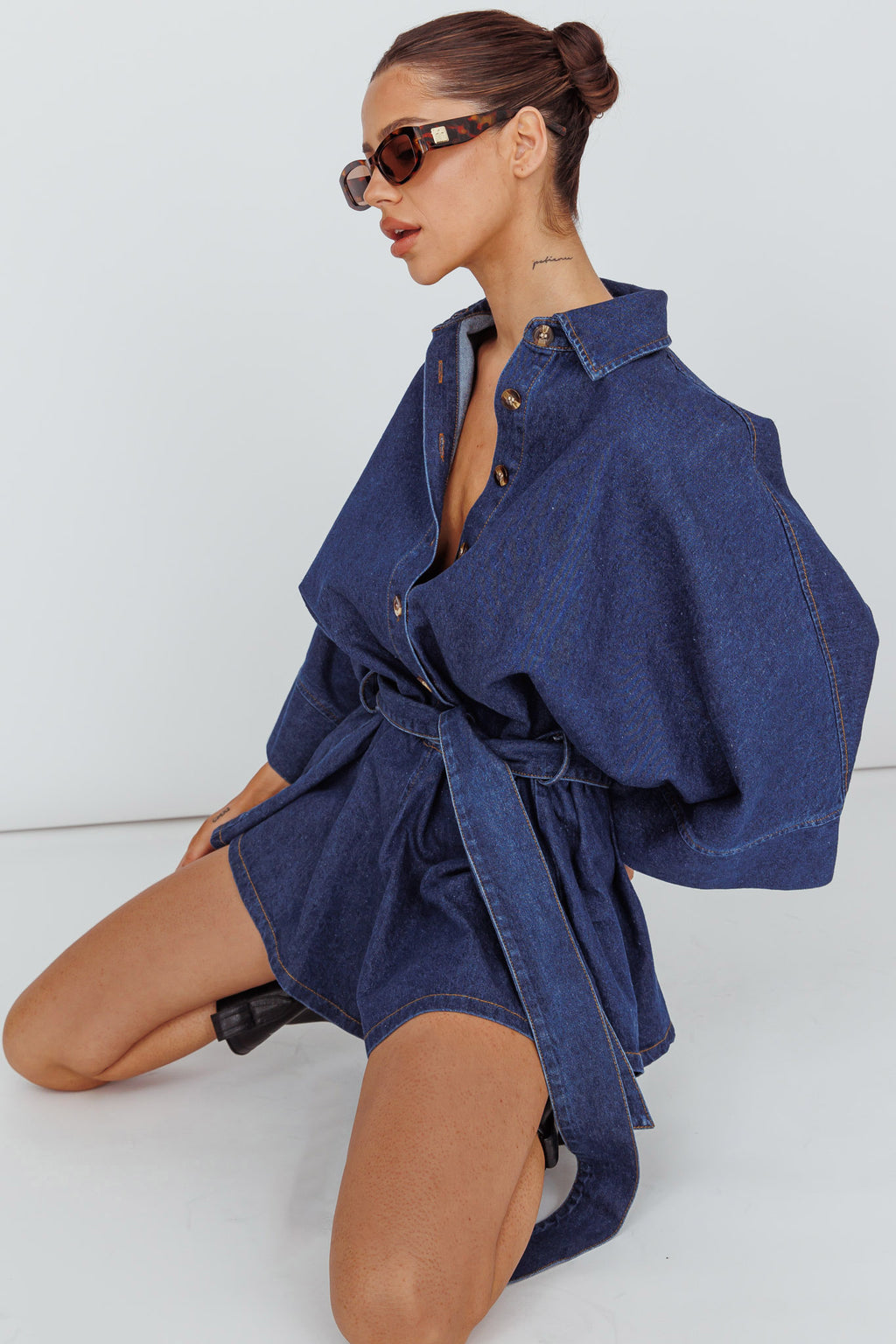 Daytona Beach Long Sleeve Shirt Romper Indigo by Selfie Leslie Australia