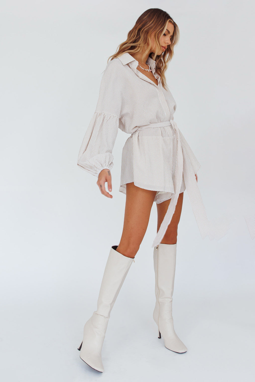 Daytona Beach Long Sleeve Shirt Romper Beige Stripe by Selfie Leslie Australia