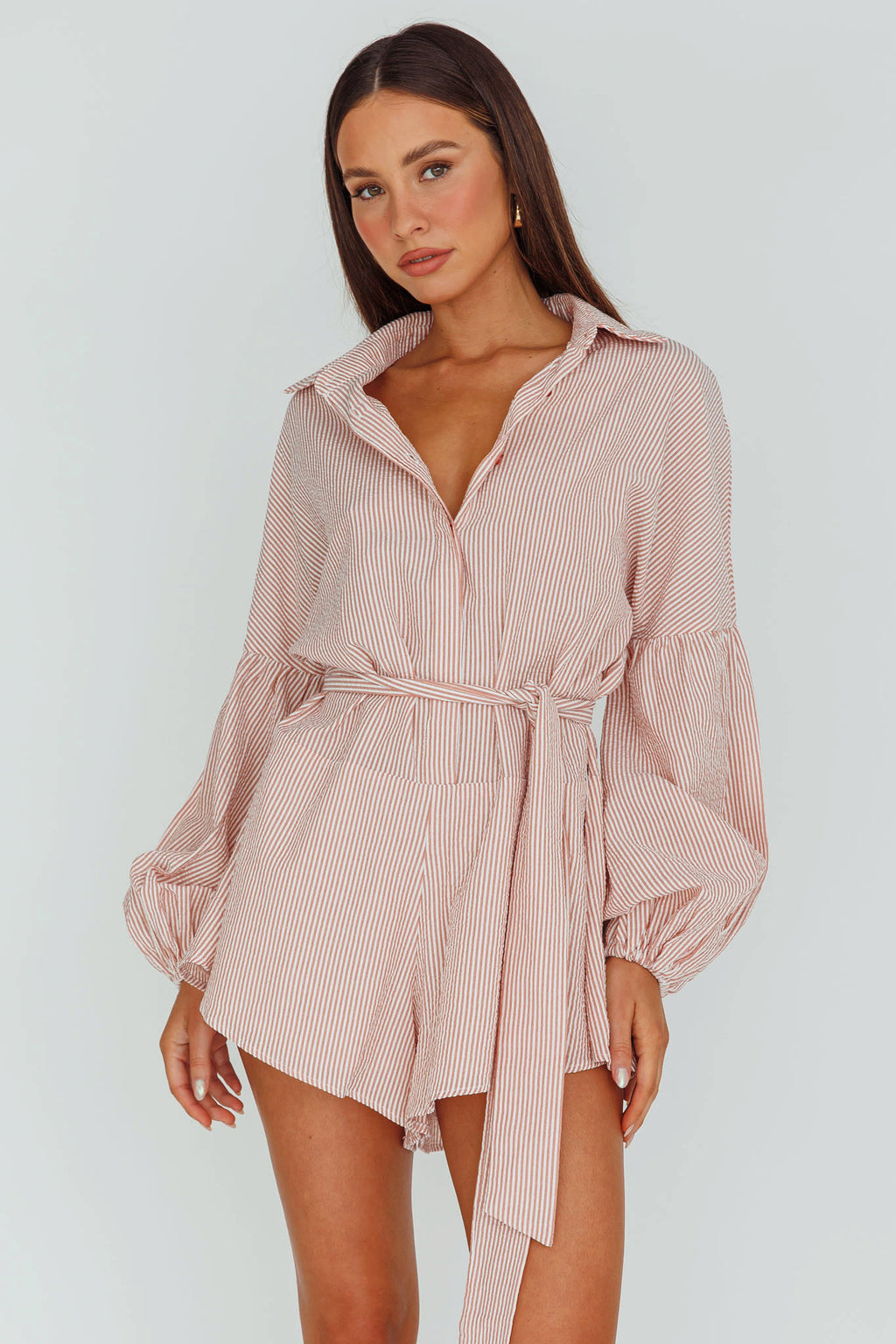 Daytona Beach Long Sleeve Shirt Romper Terracotta Stripe by Selfie Leslie Australia