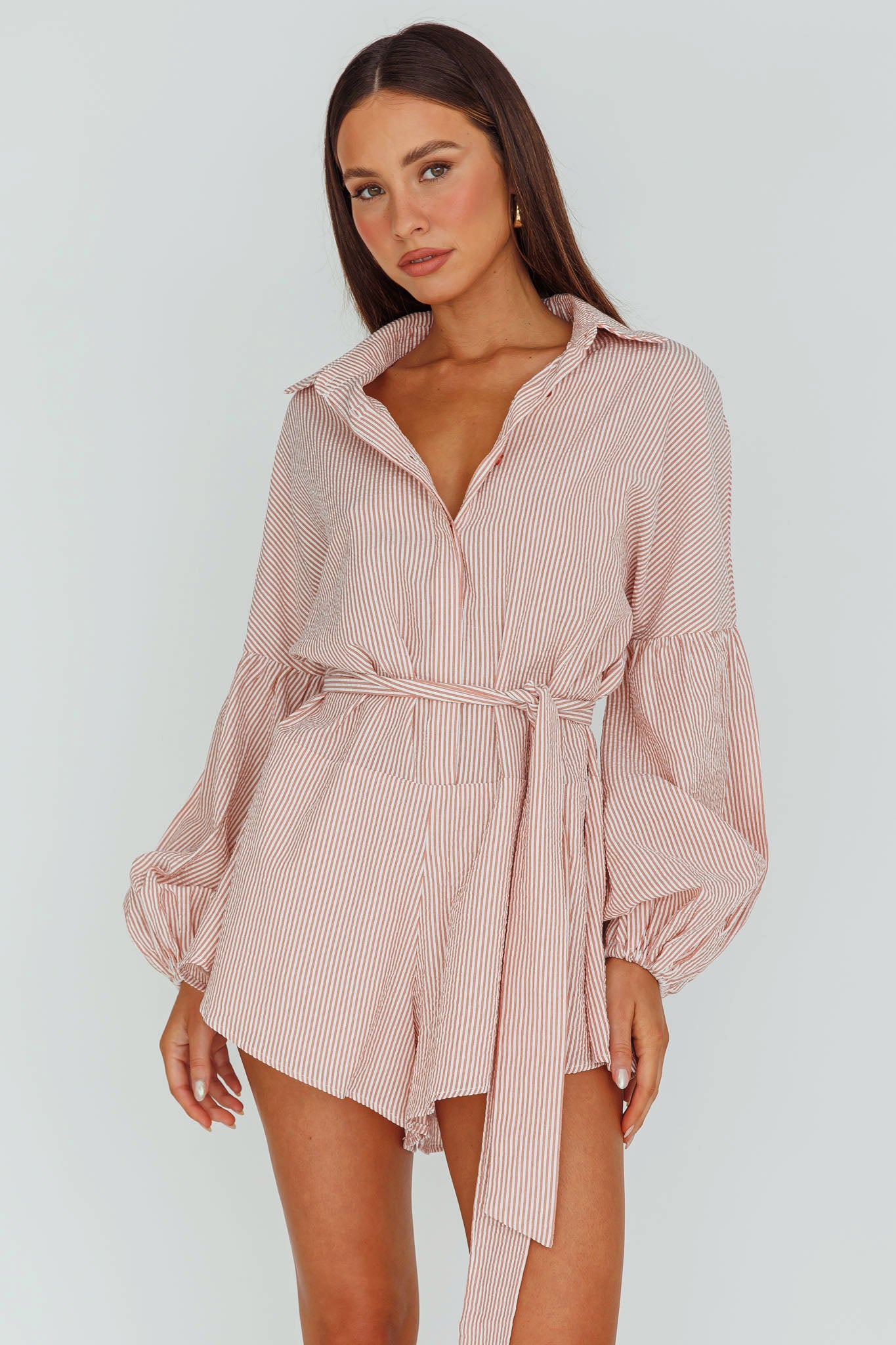 Daytona Beach Long Sleeve Shirt Romper Terracotta Stripe by Selfie Leslie Australia