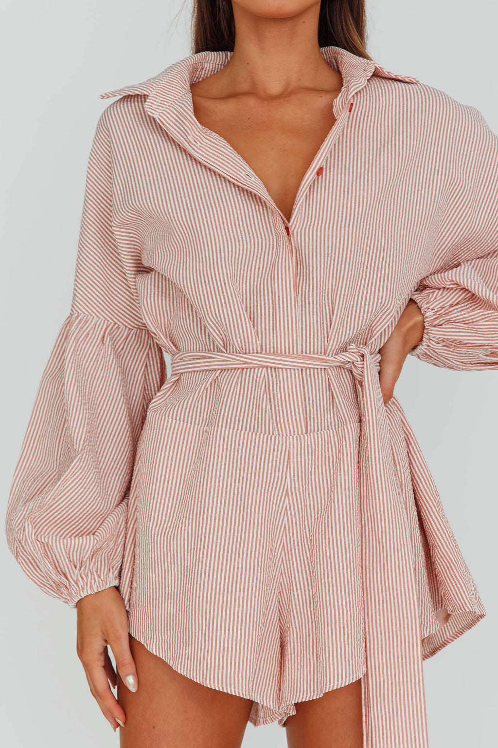 Daytona Beach Long Sleeve Shirt Romper Terracotta Stripe by Selfie Leslie Australia