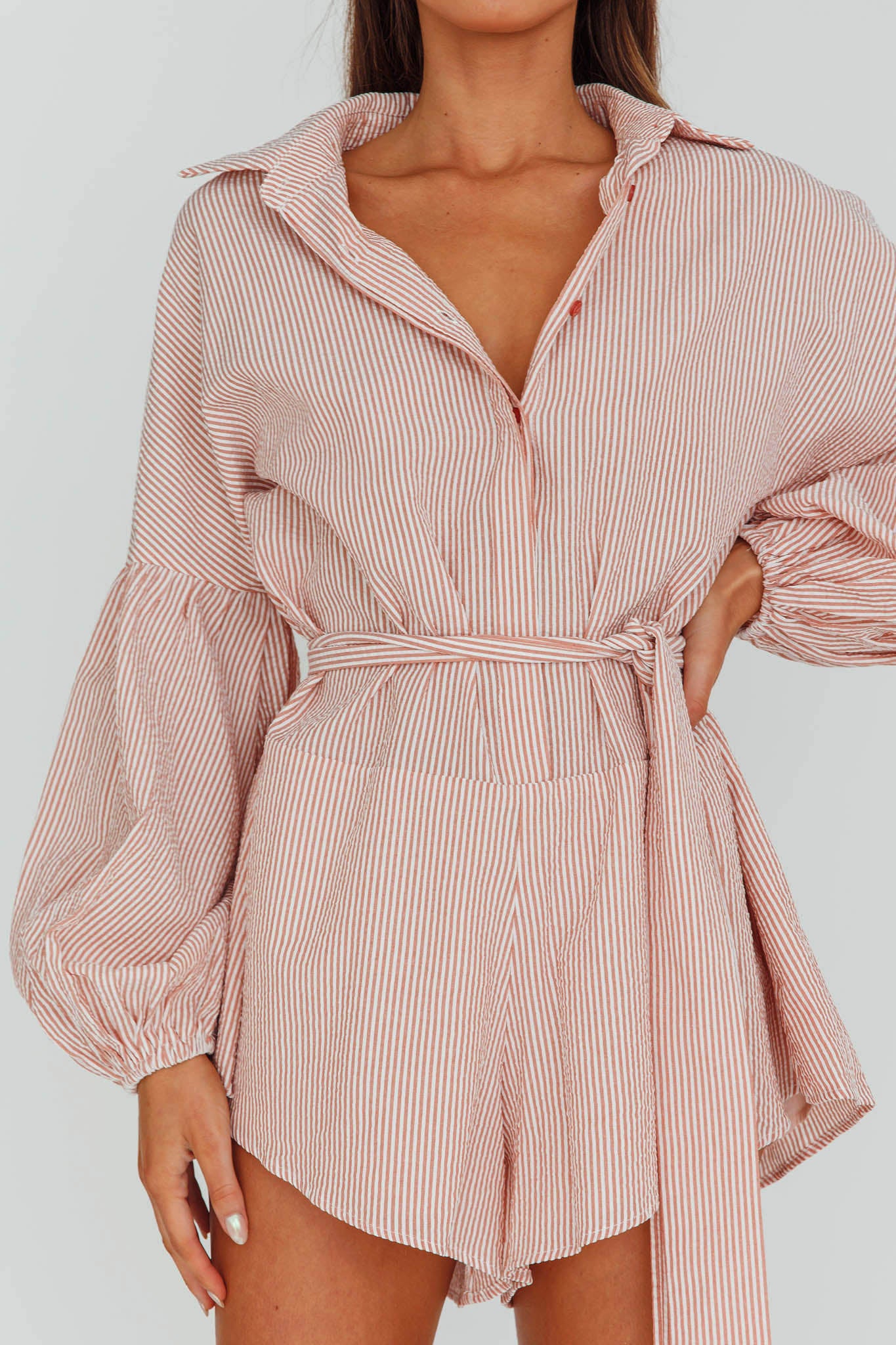 Daytona Beach Long Sleeve Shirt Romper Terracotta Stripe by Selfie Leslie Australia