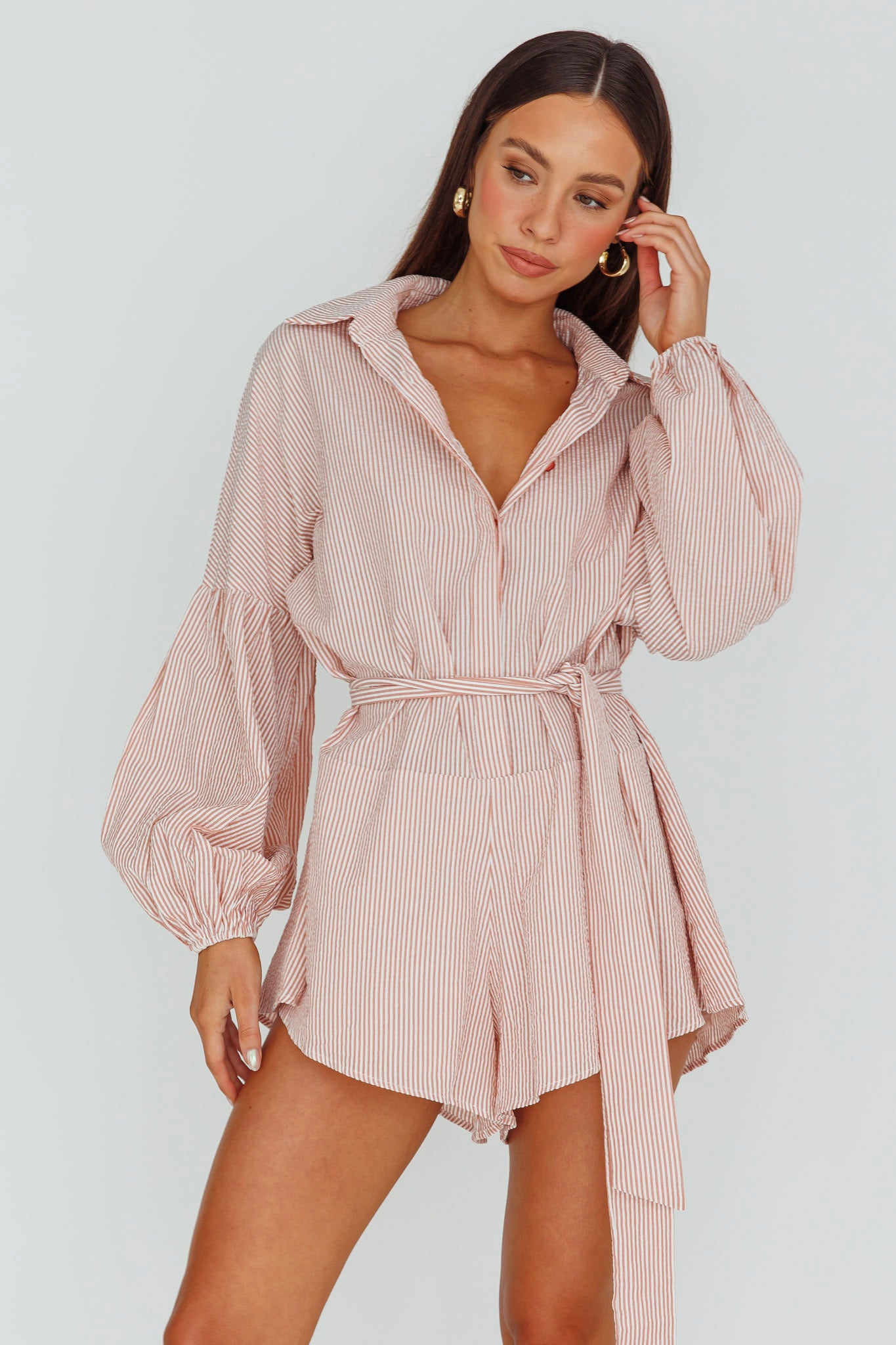 Daytona Beach Long Sleeve Shirt Romper Terracotta Stripe by Selfie Leslie Australia