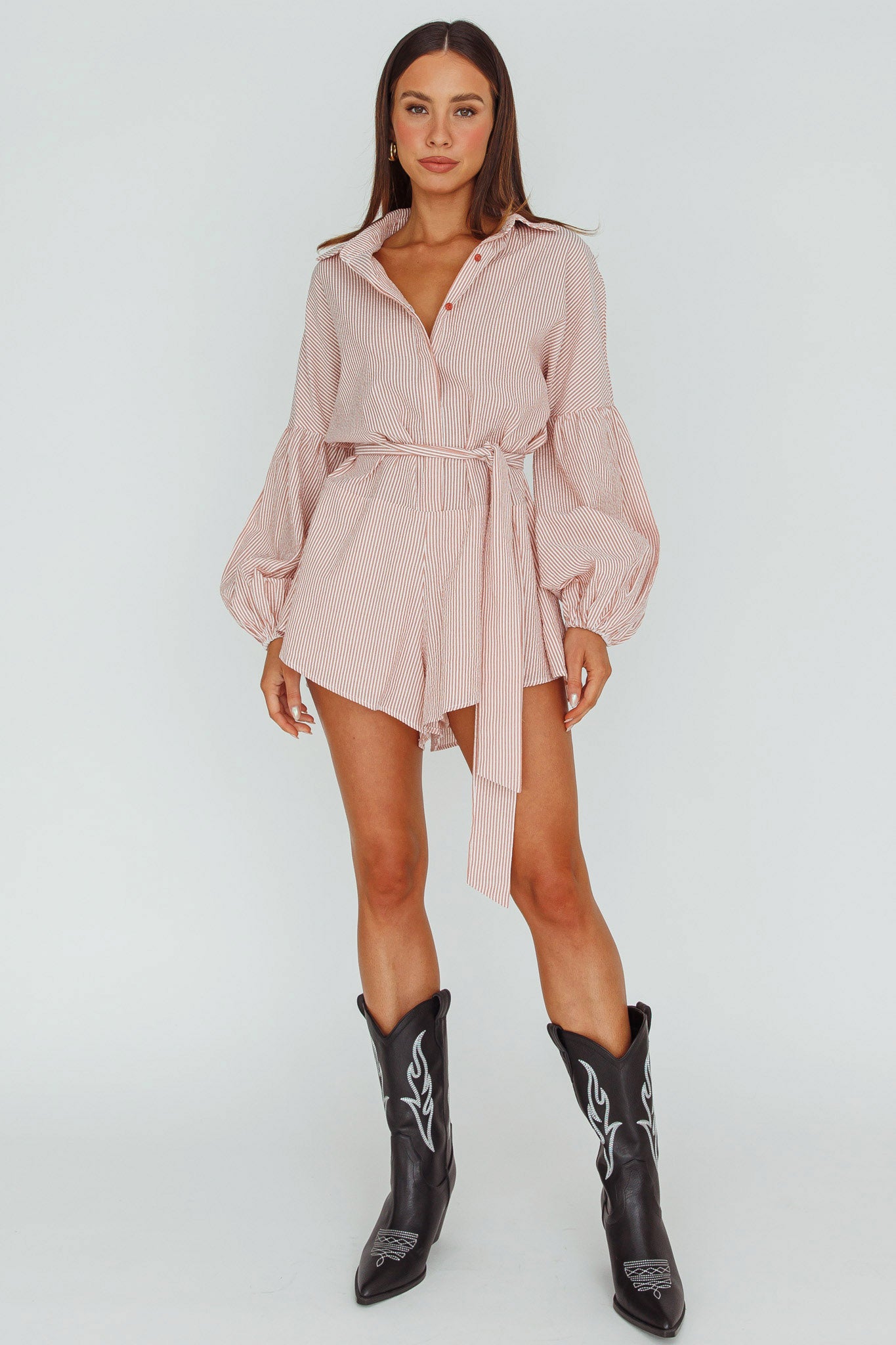 Daytona Beach Long Sleeve Shirt Romper Terracotta Stripe by Selfie Leslie Australia