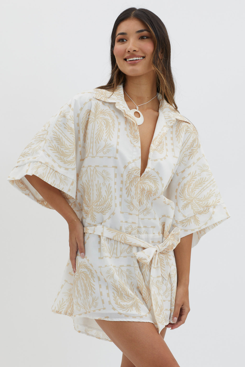 Daytona Beach Button-Up Romper Print Beige by Selfie Leslie Australia