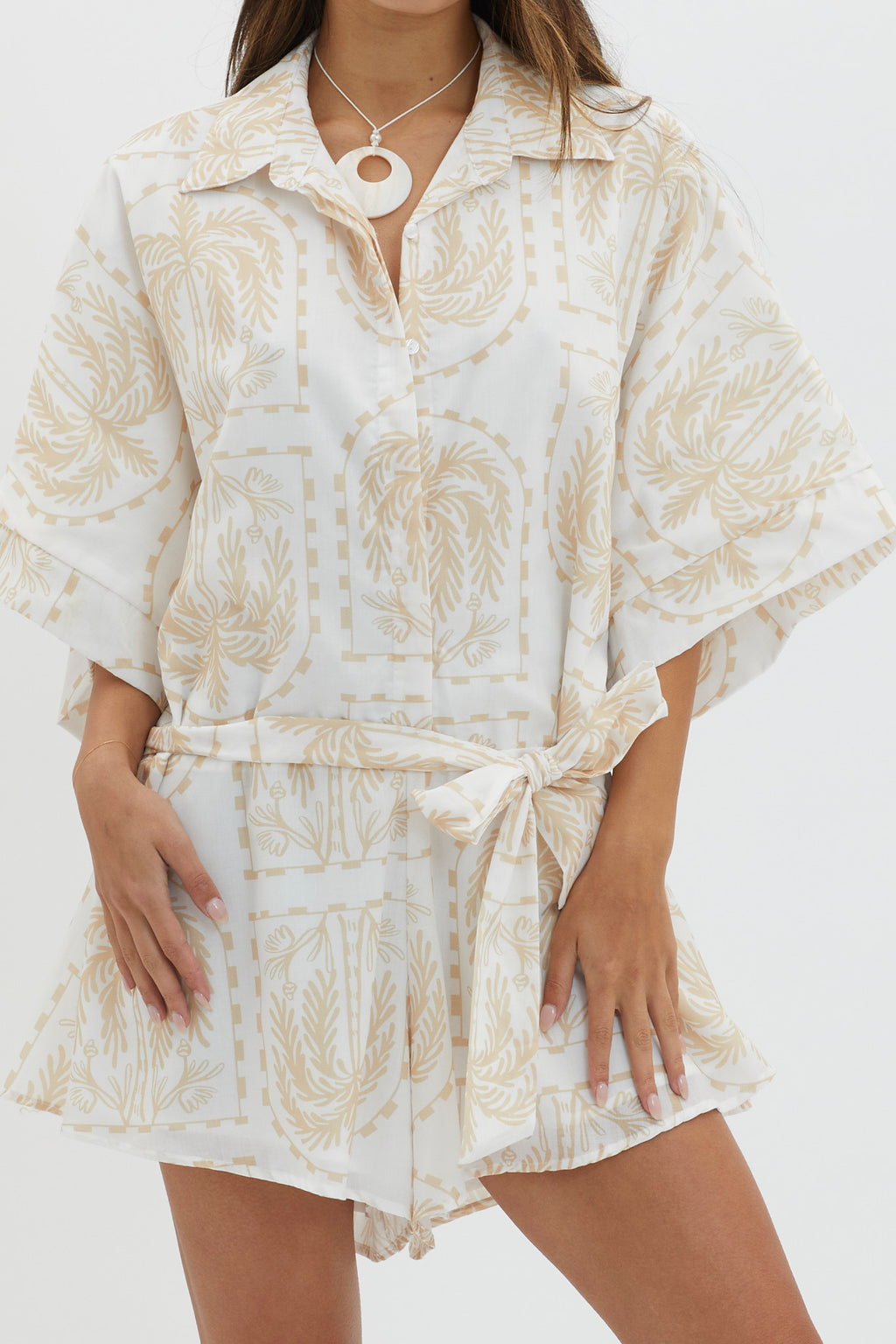 Daytona Beach Button-Up Romper Print Beige by Selfie Leslie Australia