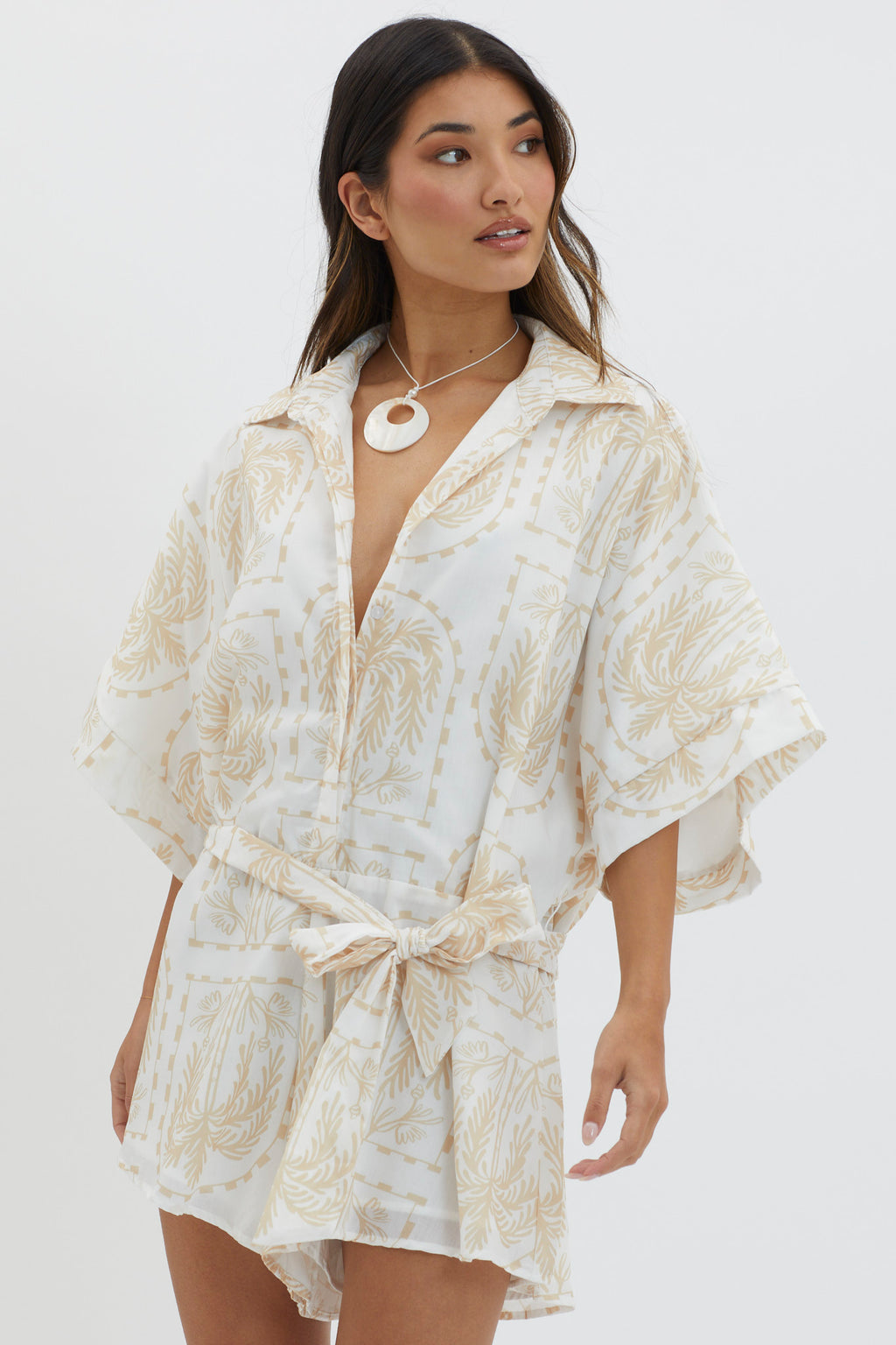 Daytona Beach Button-Up Romper Print Beige by Selfie Leslie Australia