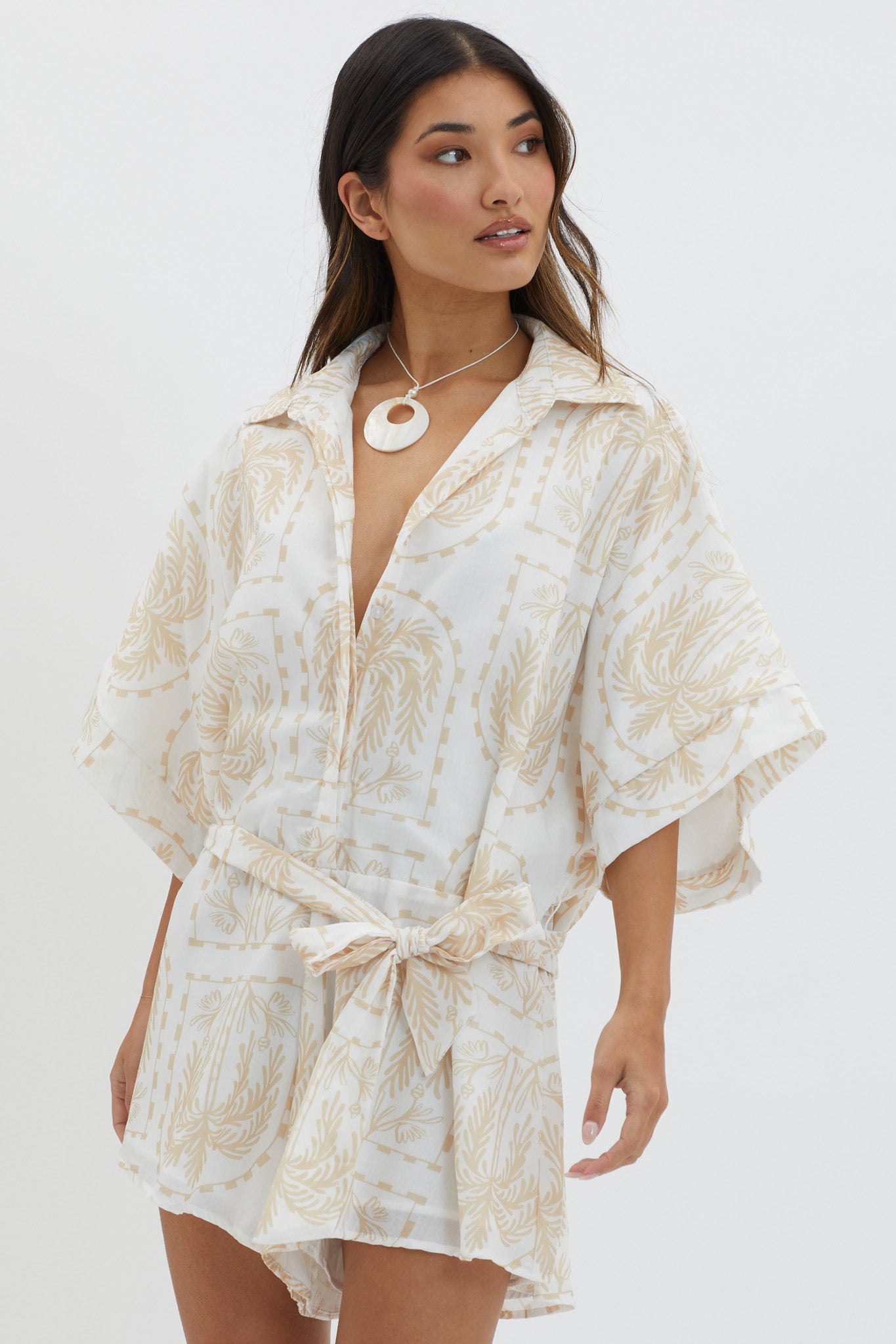 Daytona Beach Button-Up Romper Print Beige by Selfie Leslie Australia