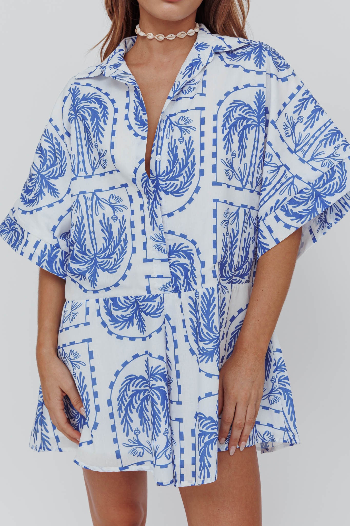 Daytona Beach Button-Up Romper Print Blue by Selfie Leslie Australia