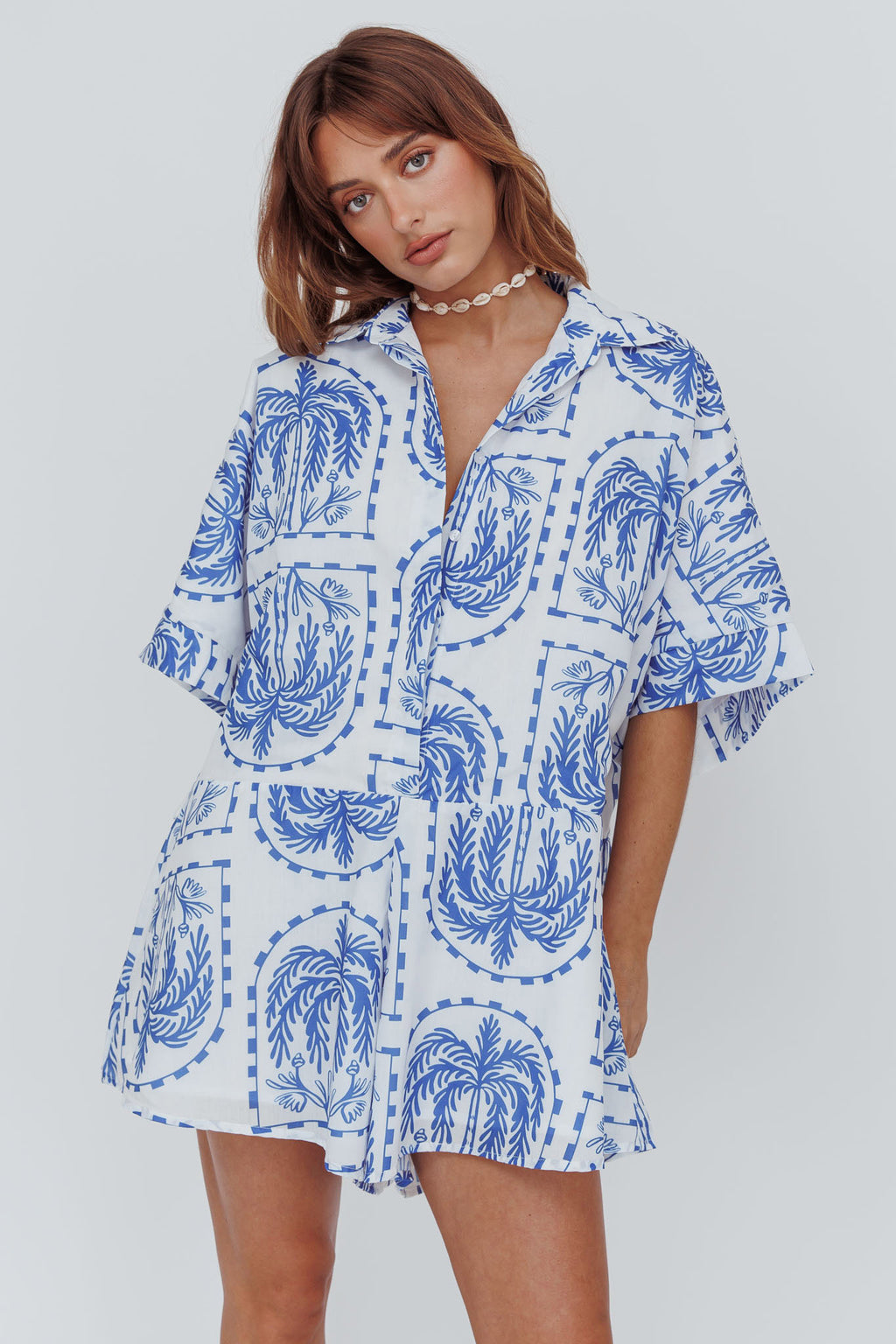 Daytona Beach Button-Up Romper Print Blue by Selfie Leslie Australia