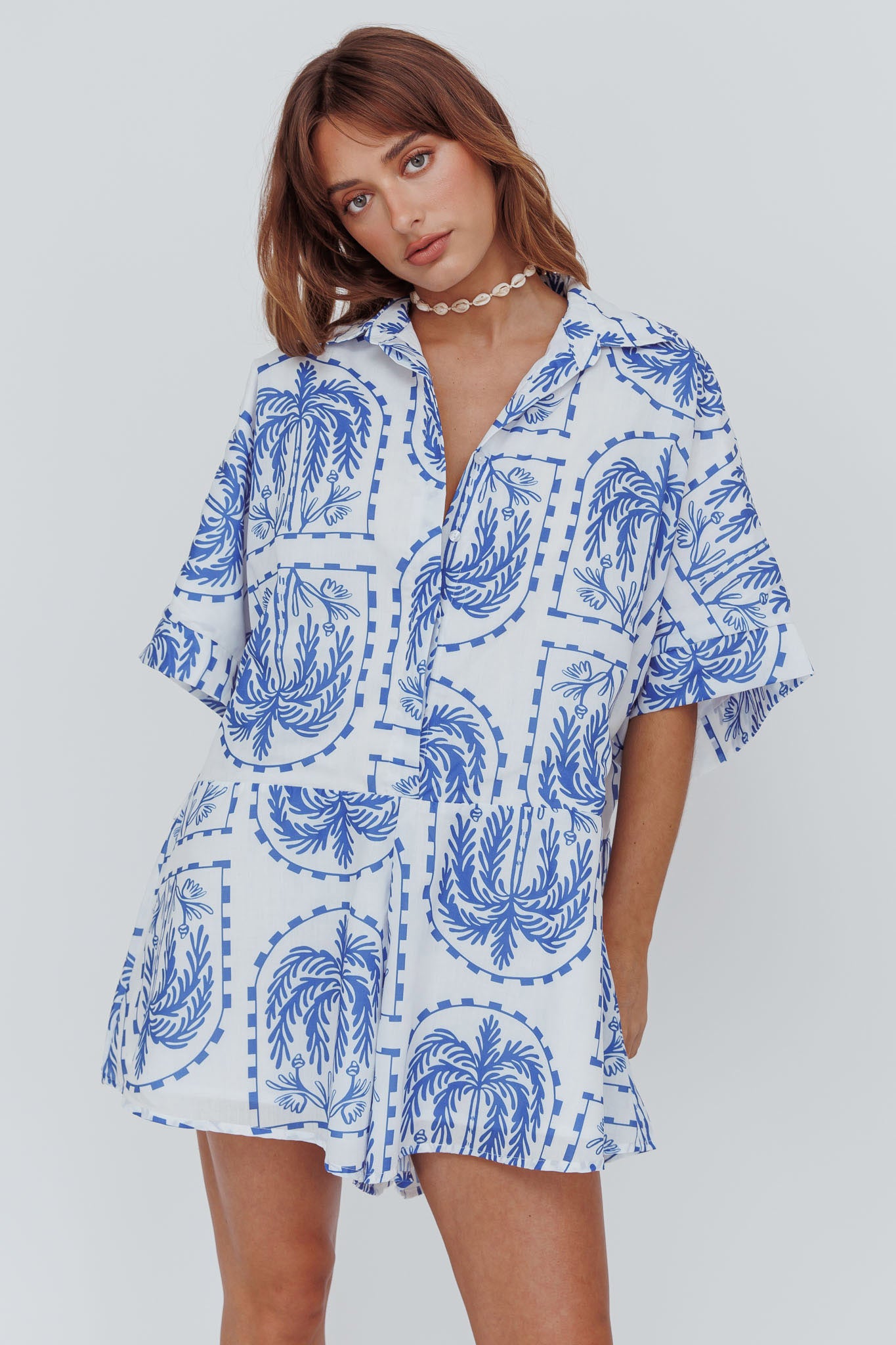 Daytona Beach Button-Up Romper Print Blue by Selfie Leslie Australia