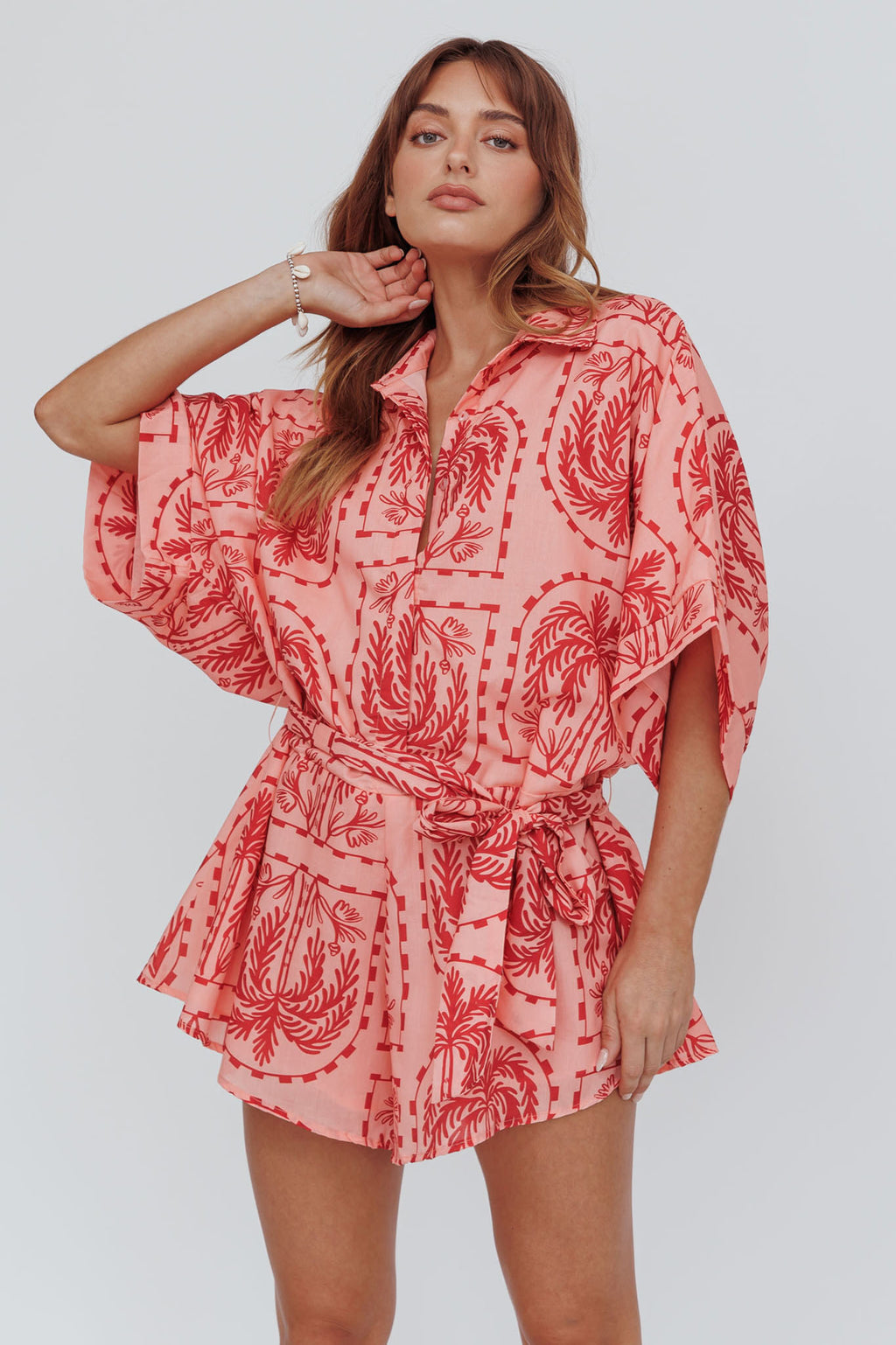 Daytona Beach Button-Up Romper Print Peach by Selfie Leslie Australia