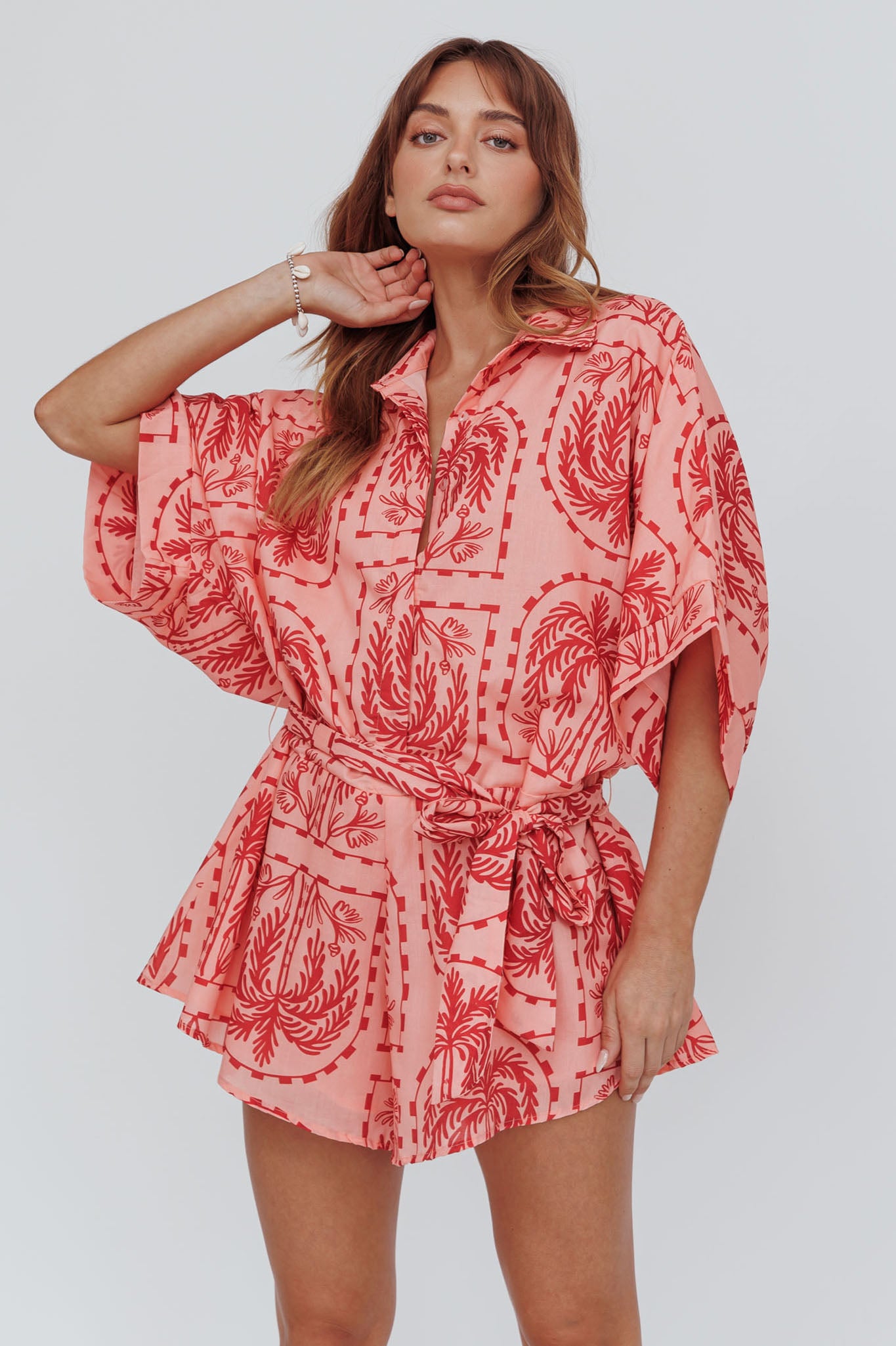 Daytona Beach Button-Up Romper Print Peach by Selfie Leslie Australia